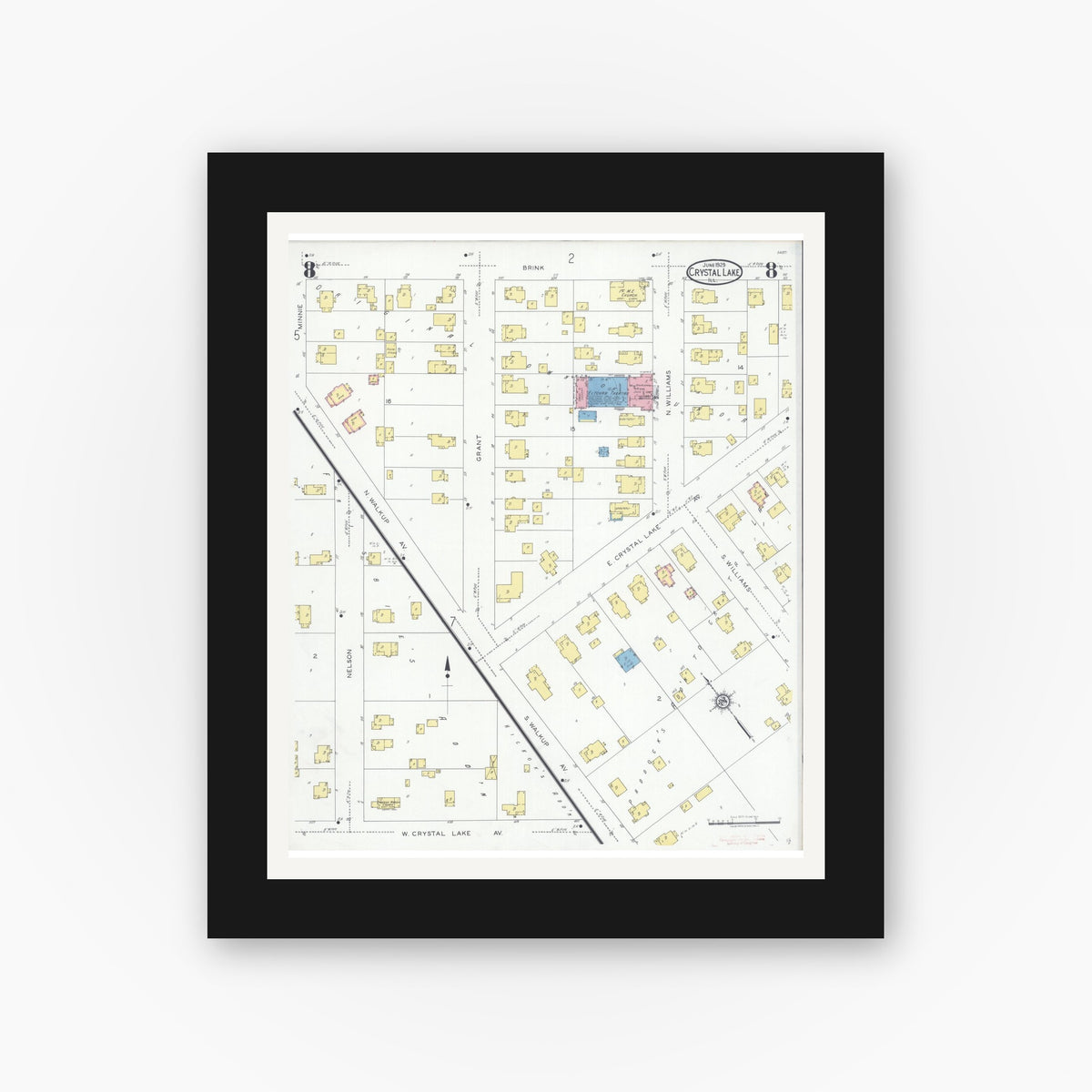Old map wall art mockup — black gallery frame with white mat — Sanborn Fire Insurance Map from Crystal Lake, McHenry County, Illinois (1929), Sheet #0008