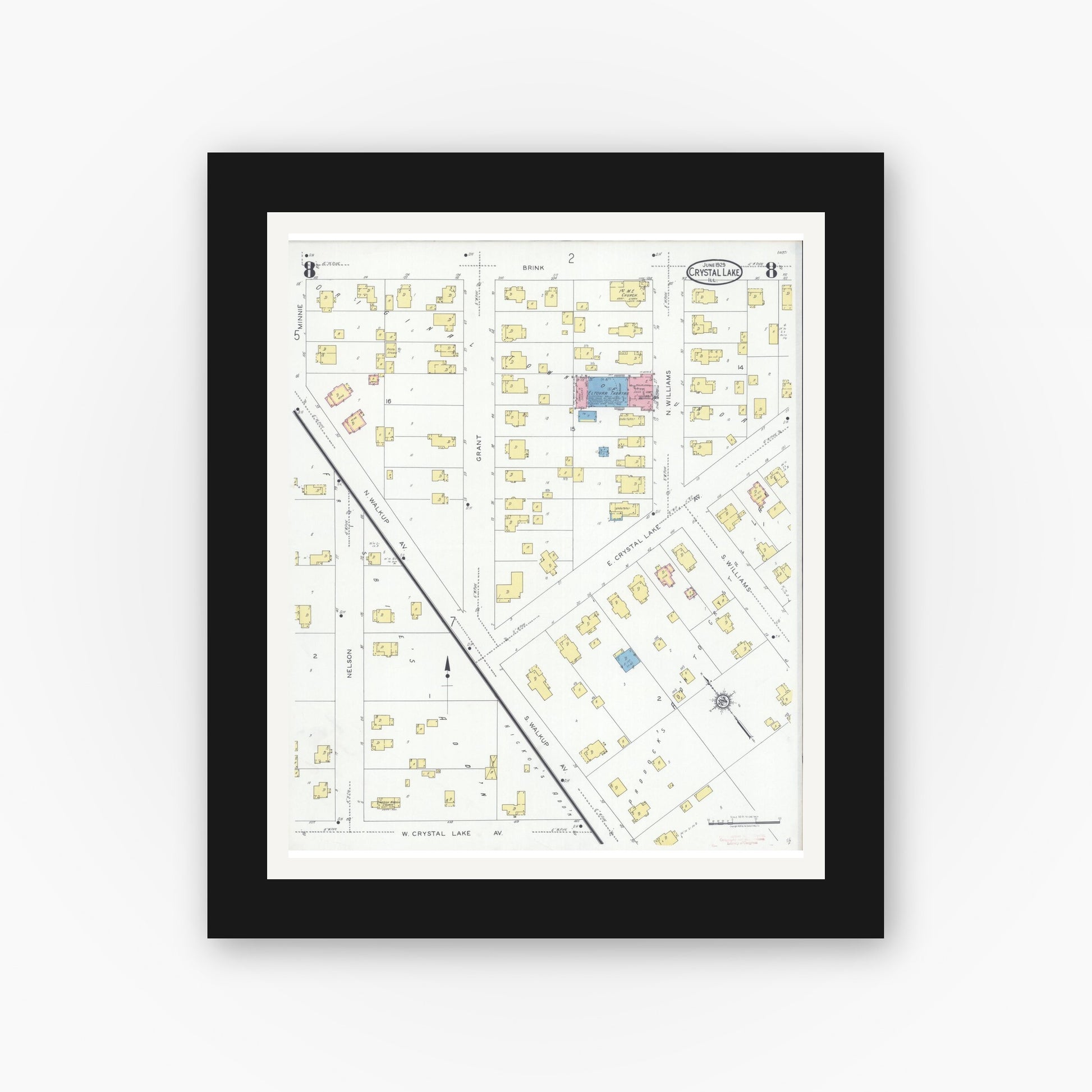 Old map wall art mockup — black gallery frame with white mat — Sanborn Fire Insurance Map from Crystal Lake, McHenry County, Illinois (1929), Sheet #0008