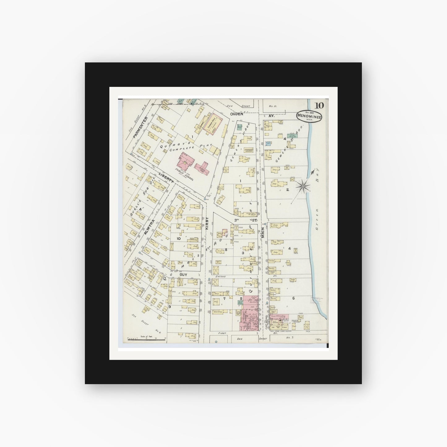 Old map wall art mockup — black gallery frame with white mat — Sanborn Fire Insurance Map from Menominee, Menominee County, Michigan (1890), Sheet #0010
