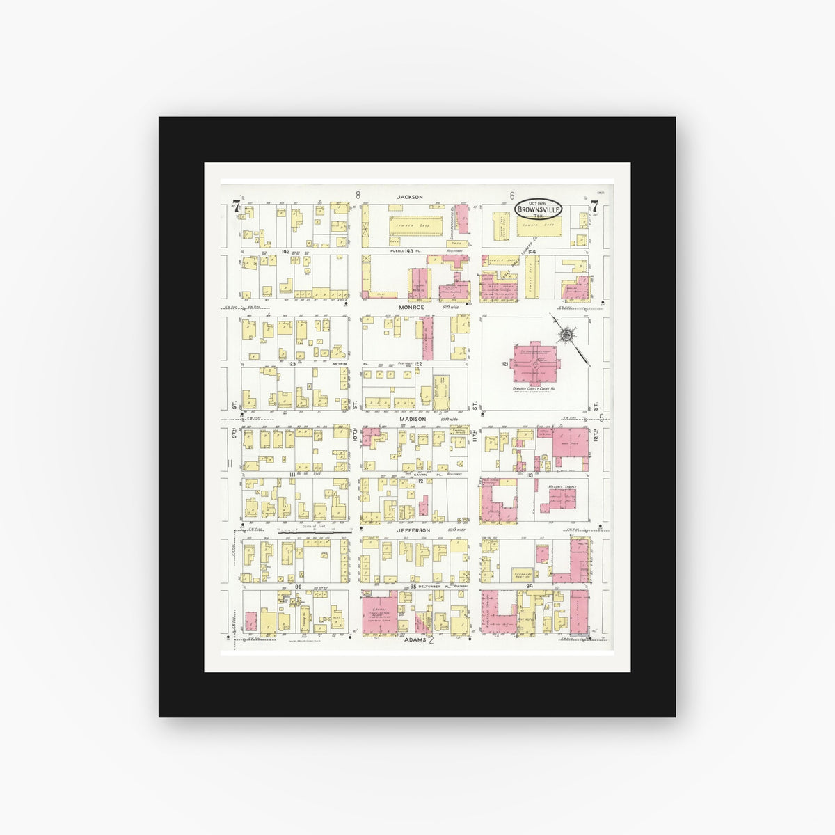 Old map wall art mockup — black gallery frame with white mat — Sanborn Fire Insurance Map from Brownsville, Cameron County, Texas (1926), Sheet #0007