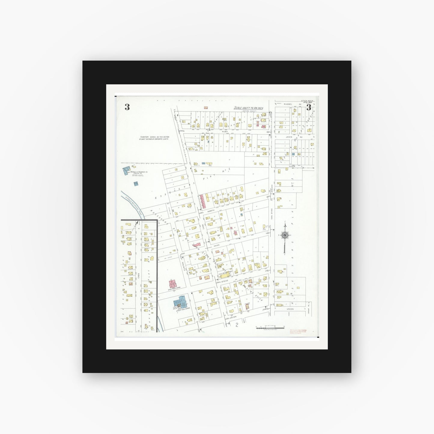 Old map wall art mockup — black gallery frame with white mat — Sanborn Fire Insurance Map from Utica, Macomb County, Michigan (1941), Sheet #0003
