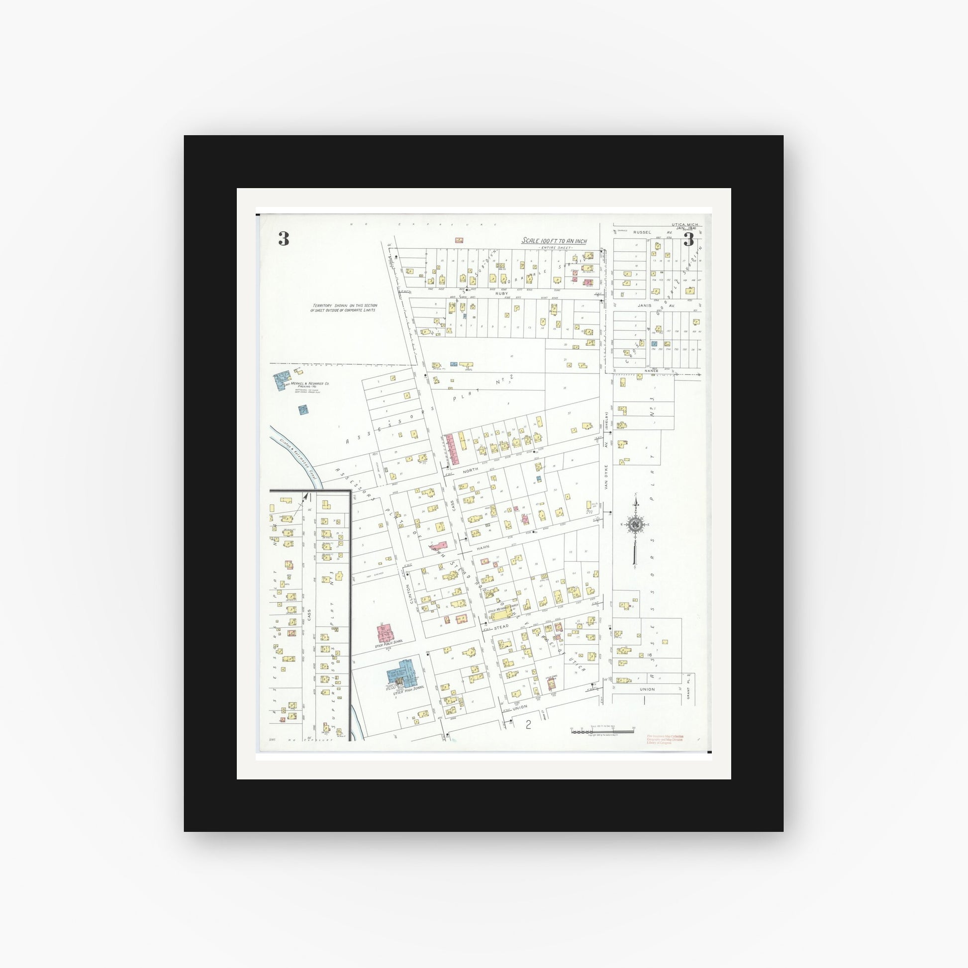 Old map wall art mockup — black gallery frame with white mat — Sanborn Fire Insurance Map from Utica, Macomb County, Michigan (1941), Sheet #0003
