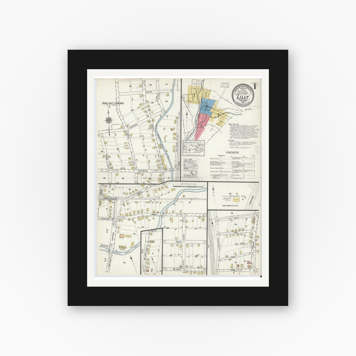 Old map wall art mockup — black gallery frame with white mat — Sanborn Fire Insurance Map from Lilly, Cambria County, Pennsylvania (1916), Sheet #0001