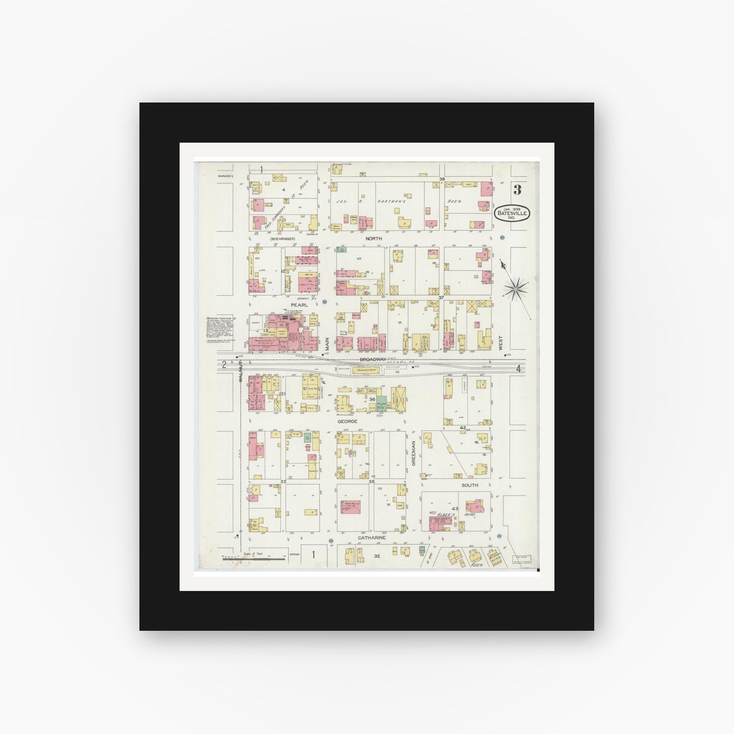 Old map wall art mockup — black gallery frame with white mat — Sanborn Fire Insurance Map from Batesville, Ripley County, Indiana (1899), Sheet #0003