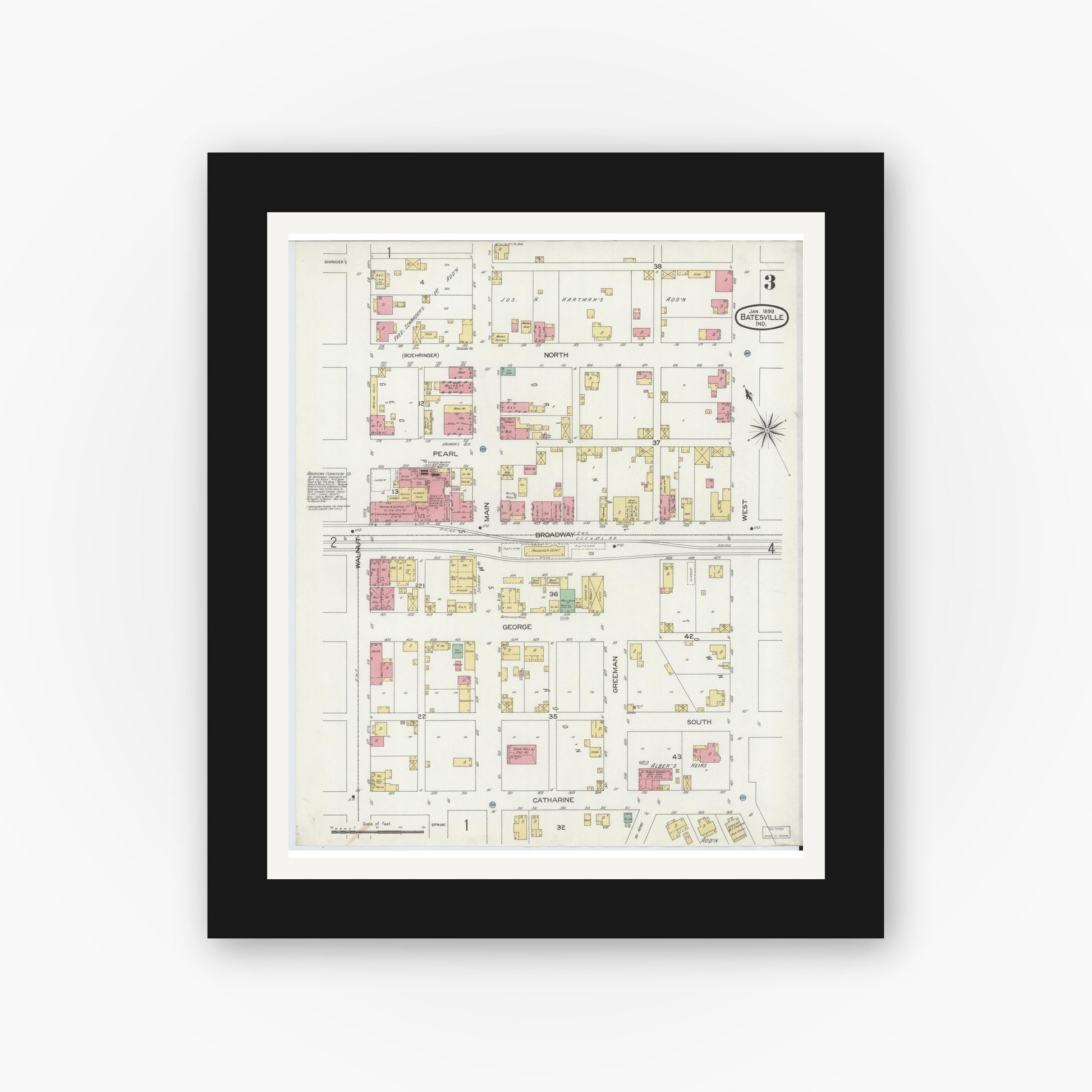 Old map wall art mockup — black gallery frame with white mat — Sanborn Fire Insurance Map from Batesville, Ripley County, Indiana (1899), Sheet #0003