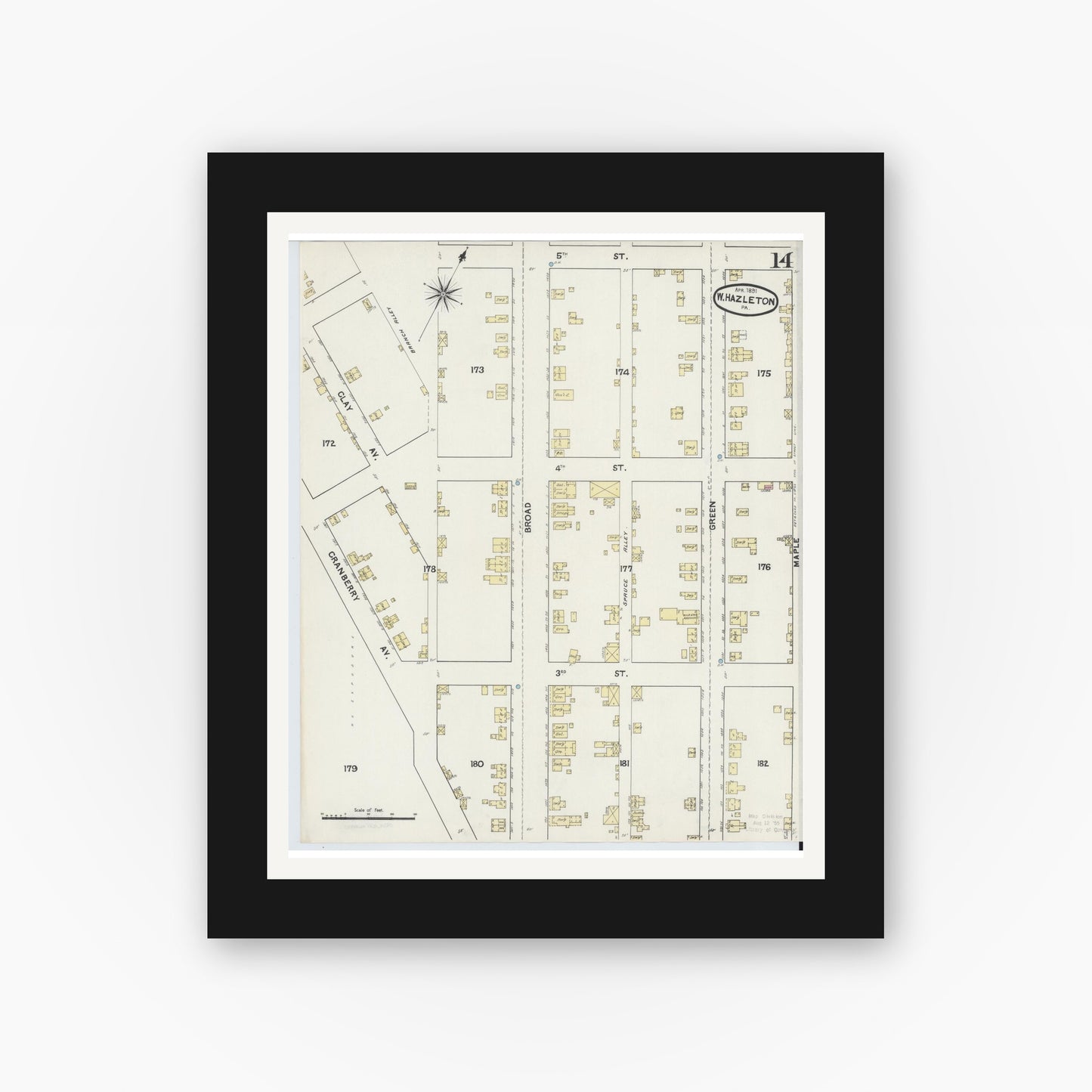 Old map wall art mockup — black gallery frame with white mat — Sanborn Fire Insurance Map from Hazleton, Luzerne County, Pennsylvania (1891), Sheet #0014