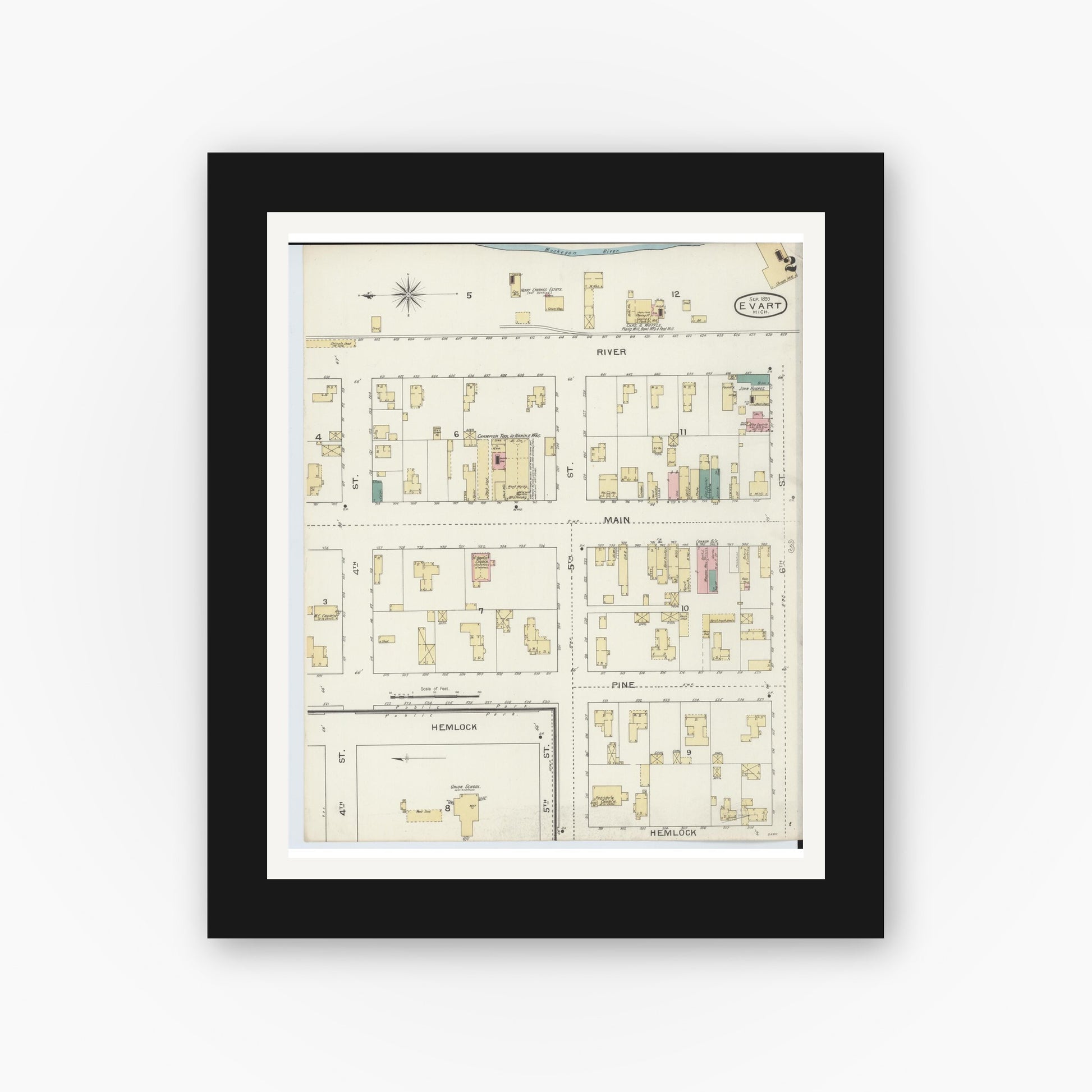 Old map wall art mockup — black gallery frame with white mat — Sanborn Fire Insurance Map from Evart, Osceola County, Michigan (1893), Sheet #0002