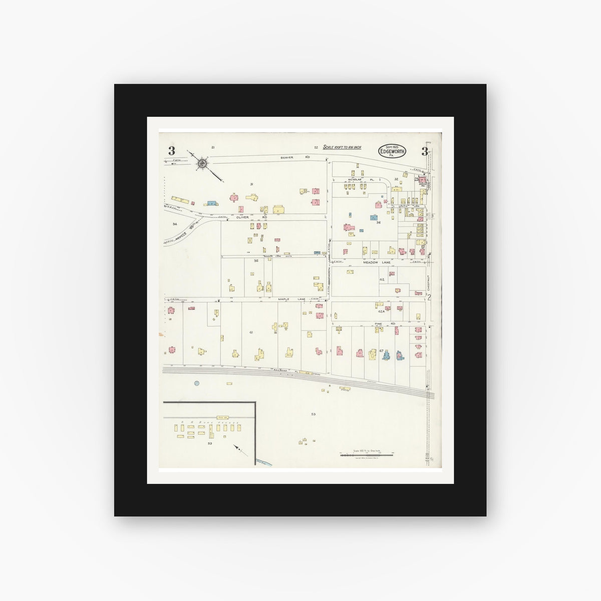 Old map wall art mockup — black gallery frame with white mat — Sanborn Fire Insurance Map from Edgeworth, Allegheny County, Pennsylvania (1925), Sheet #0003