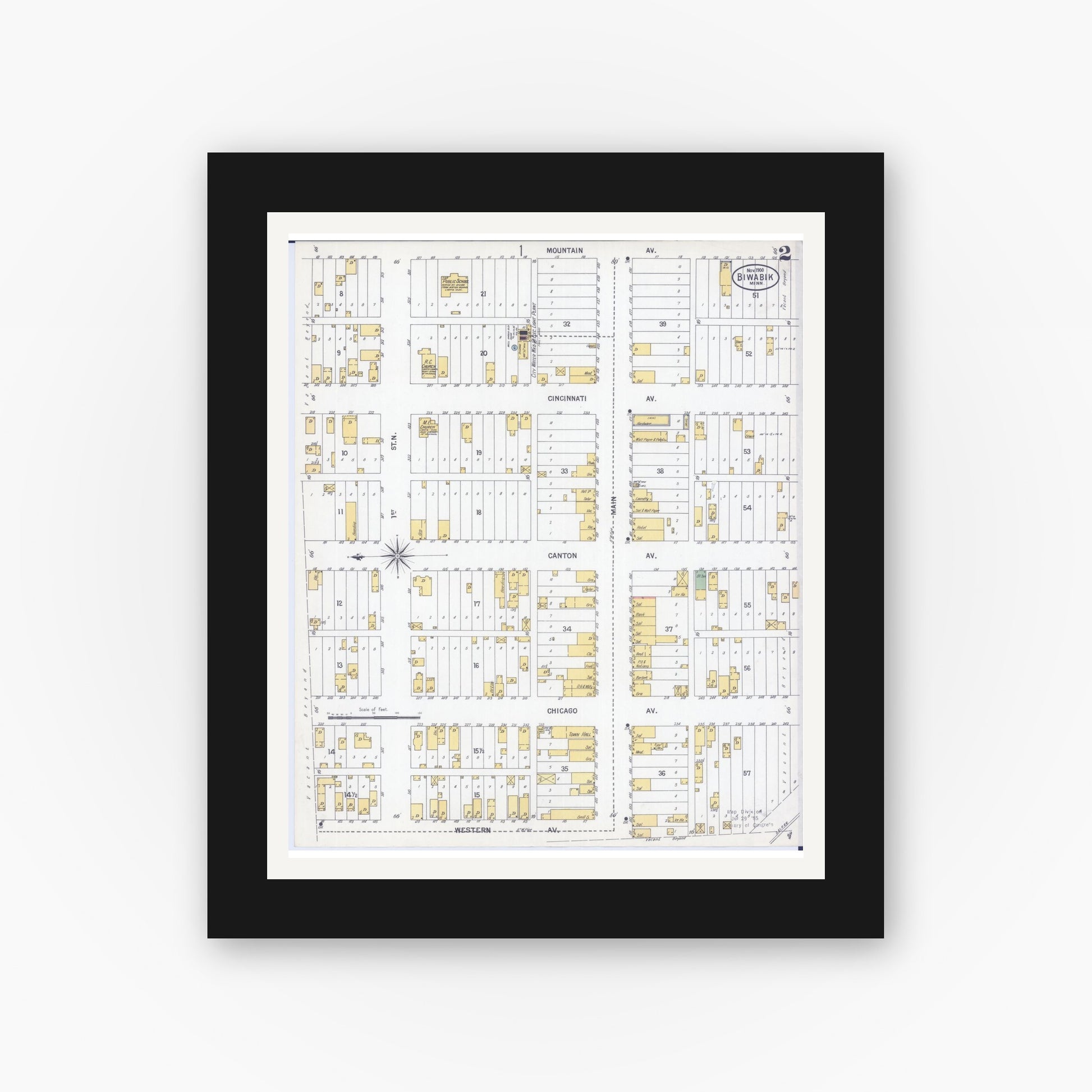 Old map wall art mockup — black gallery frame with white mat — Sanborn Fire Insurance Map from Biwabik, Saint Louis County, Minnesota (1900), Sheet #0002