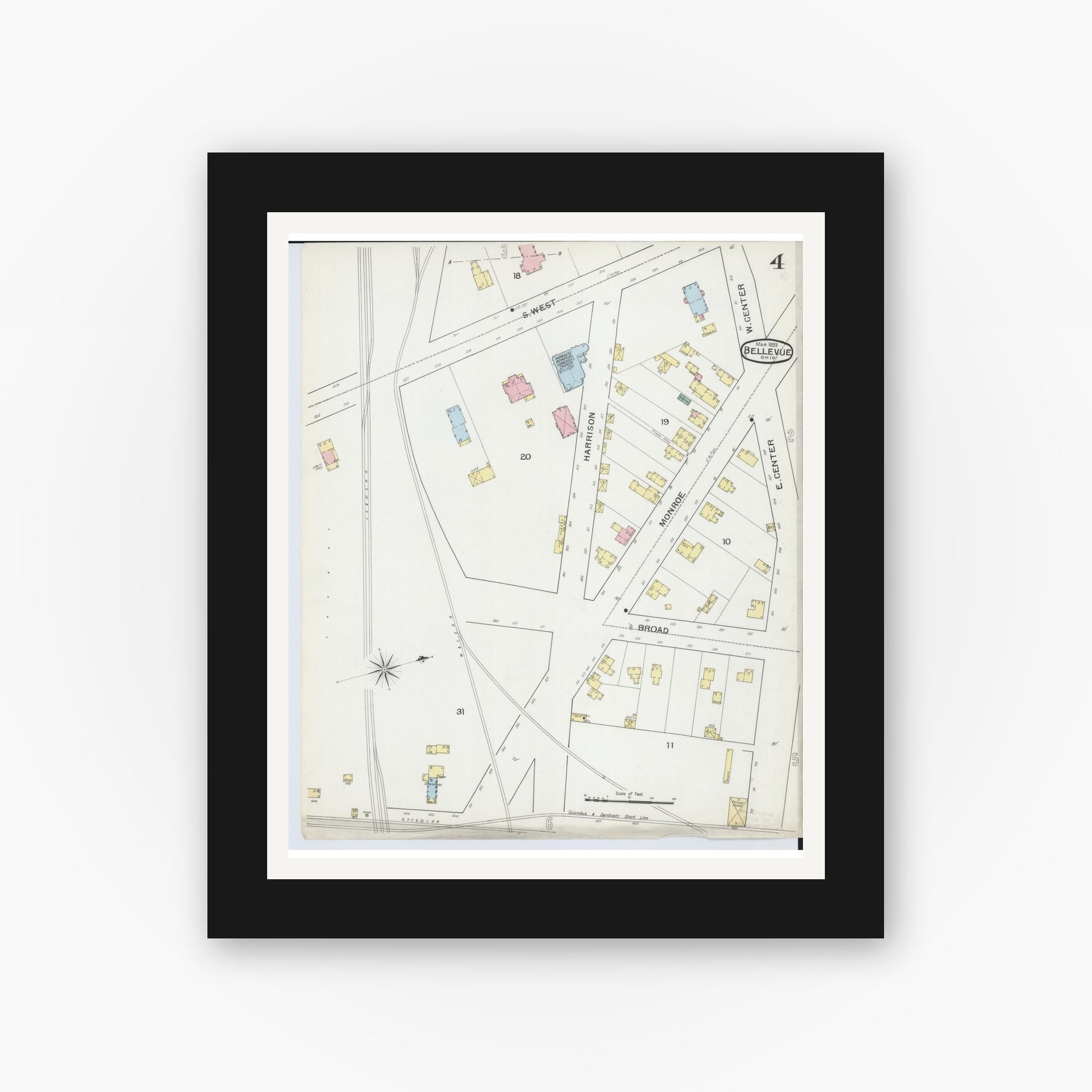 Old map wall art mockup — black gallery frame with white mat — Sanborn Fire Insurance Map from Bellevue, Huron And Sandusky County, Ohio (1893), Sheet #0004