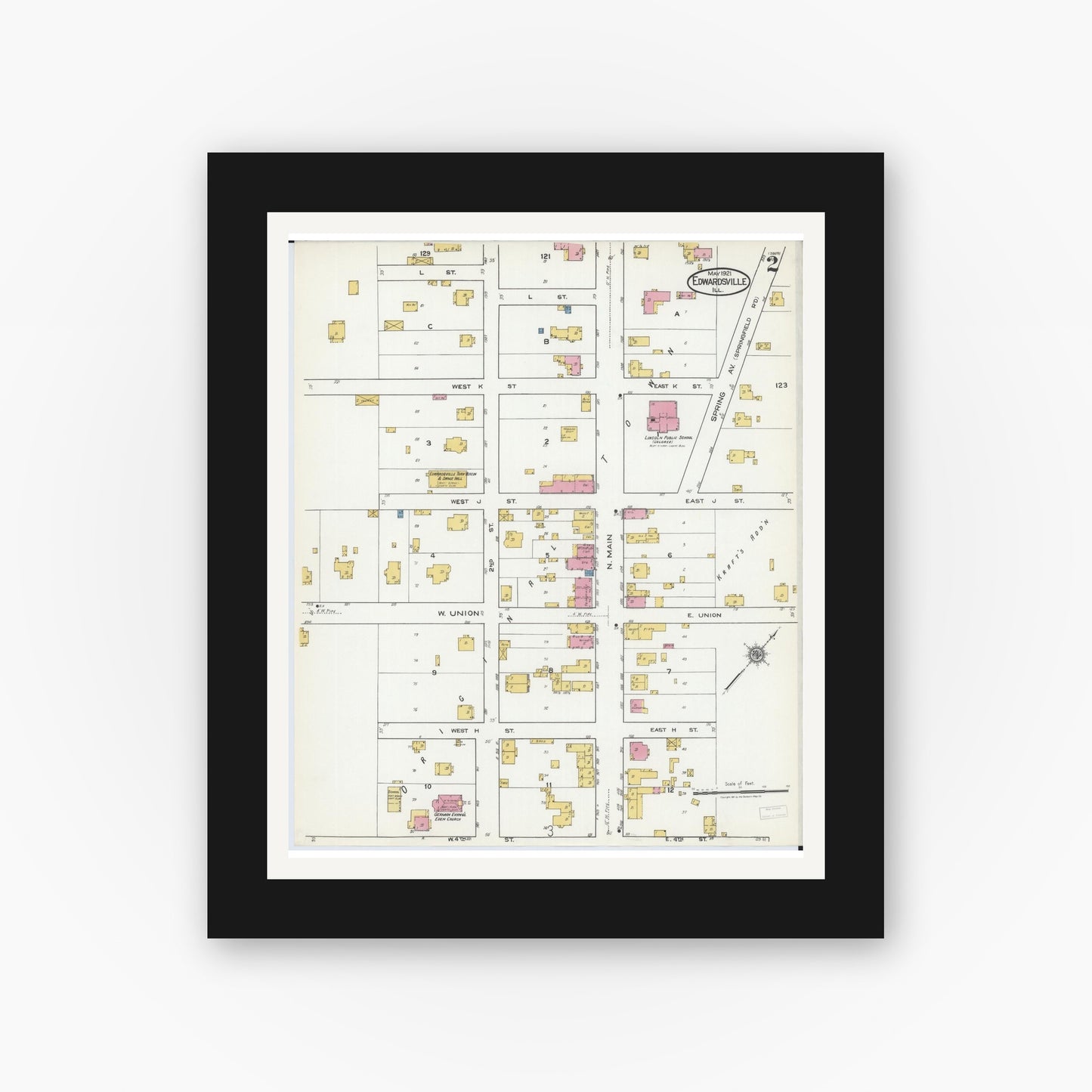 Old map wall art mockup — black gallery frame with white mat — Sanborn Fire Insurance Map from Edwardsville, Madison County, Illinois (1921), Sheet #0002