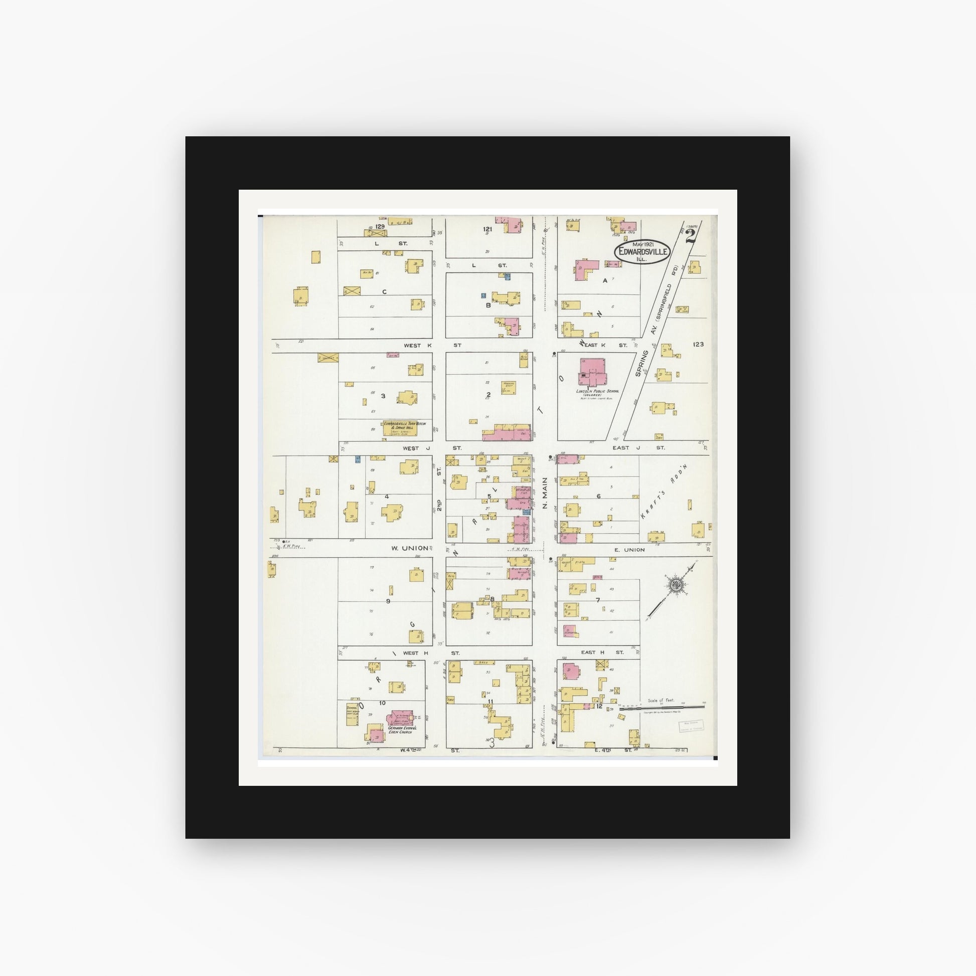 Old map wall art mockup — black gallery frame with white mat — Sanborn Fire Insurance Map from Edwardsville, Madison County, Illinois (1921), Sheet #0002