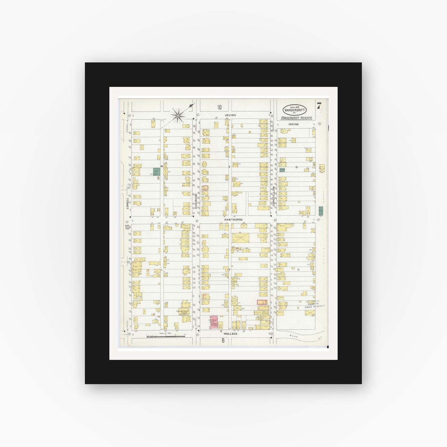 Old map wall art mockup — black gallery frame with white mat — Sanborn Fire Insurance Map from Vandergrift, Westmoreland County, Pennsylvania (1909), Sheet #0007