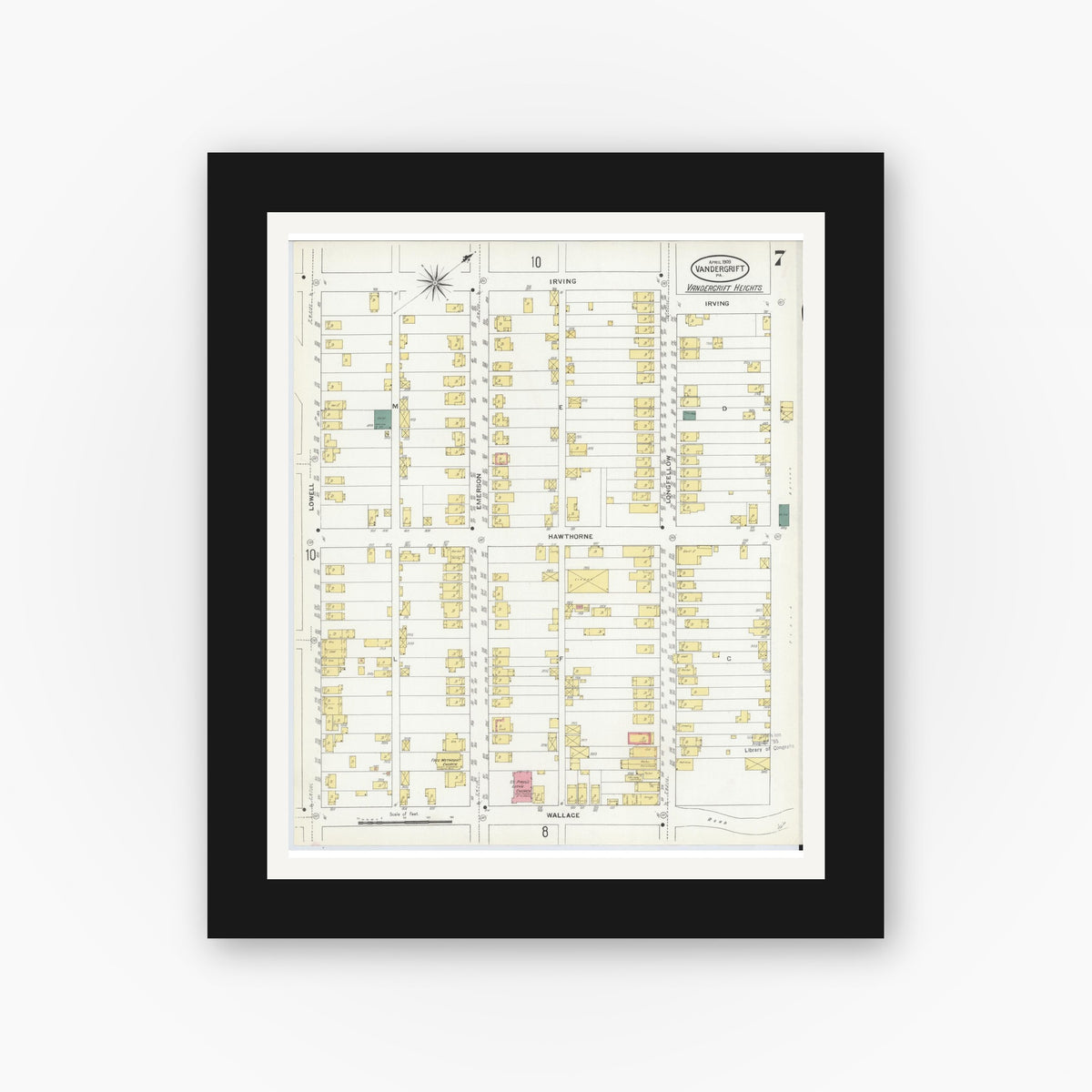 Old map wall art mockup — black gallery frame with white mat — Sanborn Fire Insurance Map from Vandergrift, Westmoreland County, Pennsylvania (1909), Sheet #0007