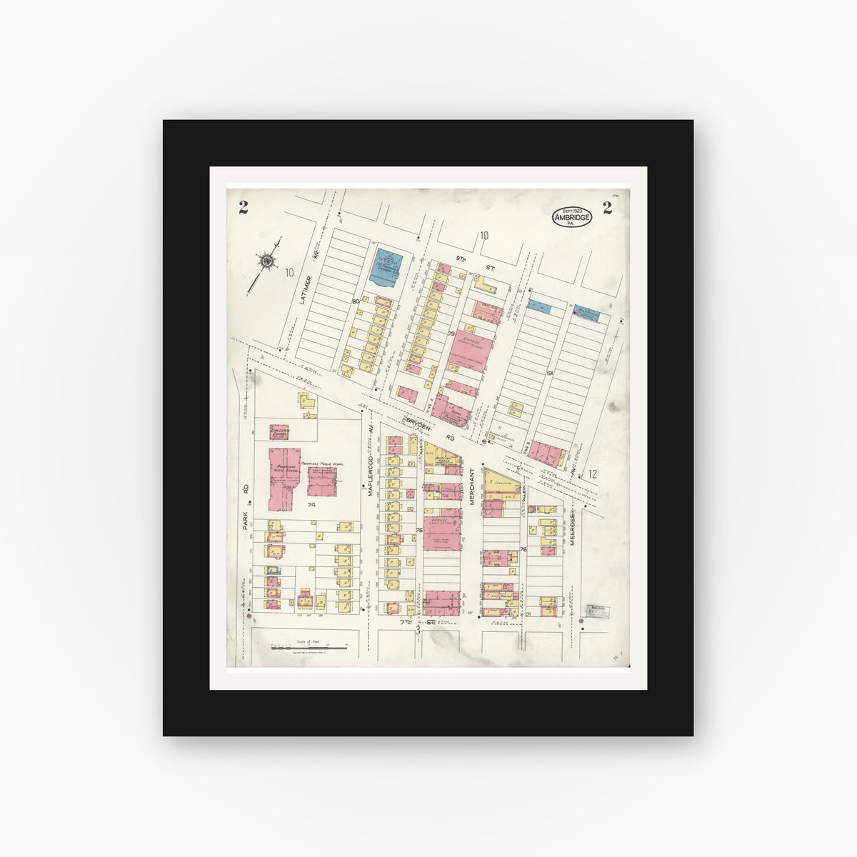 Old map wall art mockup — black gallery frame with white mat — Sanborn Fire Insurance Map from Ambridge, Beaver County, Pennsylvania (1923), Sheet #0002