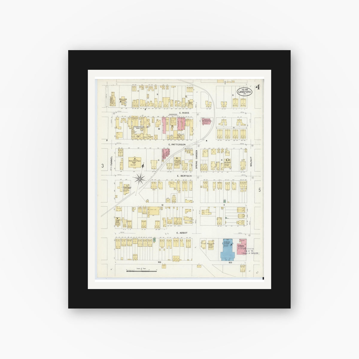 Old map wall art mockup — black gallery frame with white mat — Sanborn Fire Insurance Map from Lansford, Carbon County, Pennsylvania (1908), Sheet #0004