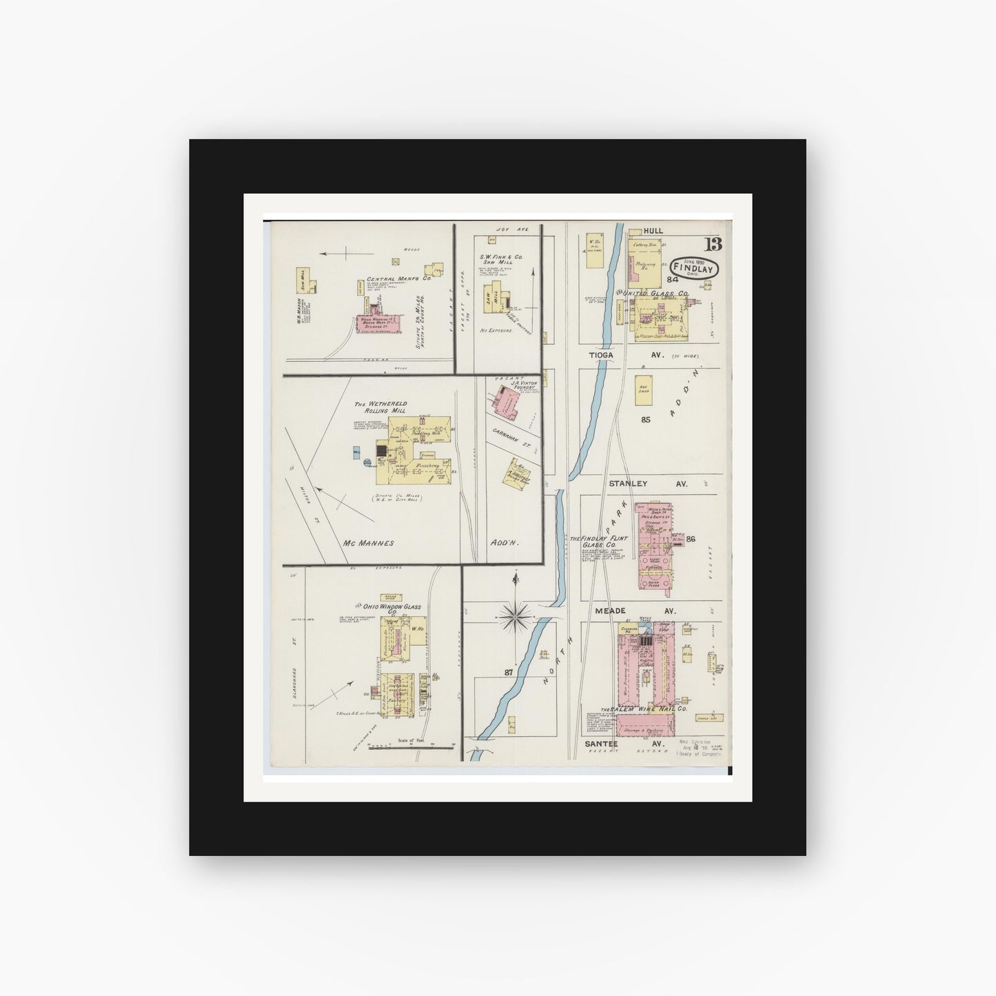 Old map wall art mockup — black gallery frame with white mat — Sanborn Fire Insurance Map from Findlay, Hancock County, Ohio (1890), Sheet #0013