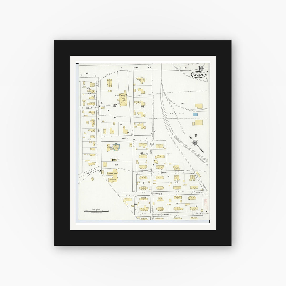 Old map wall art mockup — black gallery frame with white mat — Sanborn Fire Insurance Map from Red Jacket, Houghton County, Michigan (1917), Sheet #0010