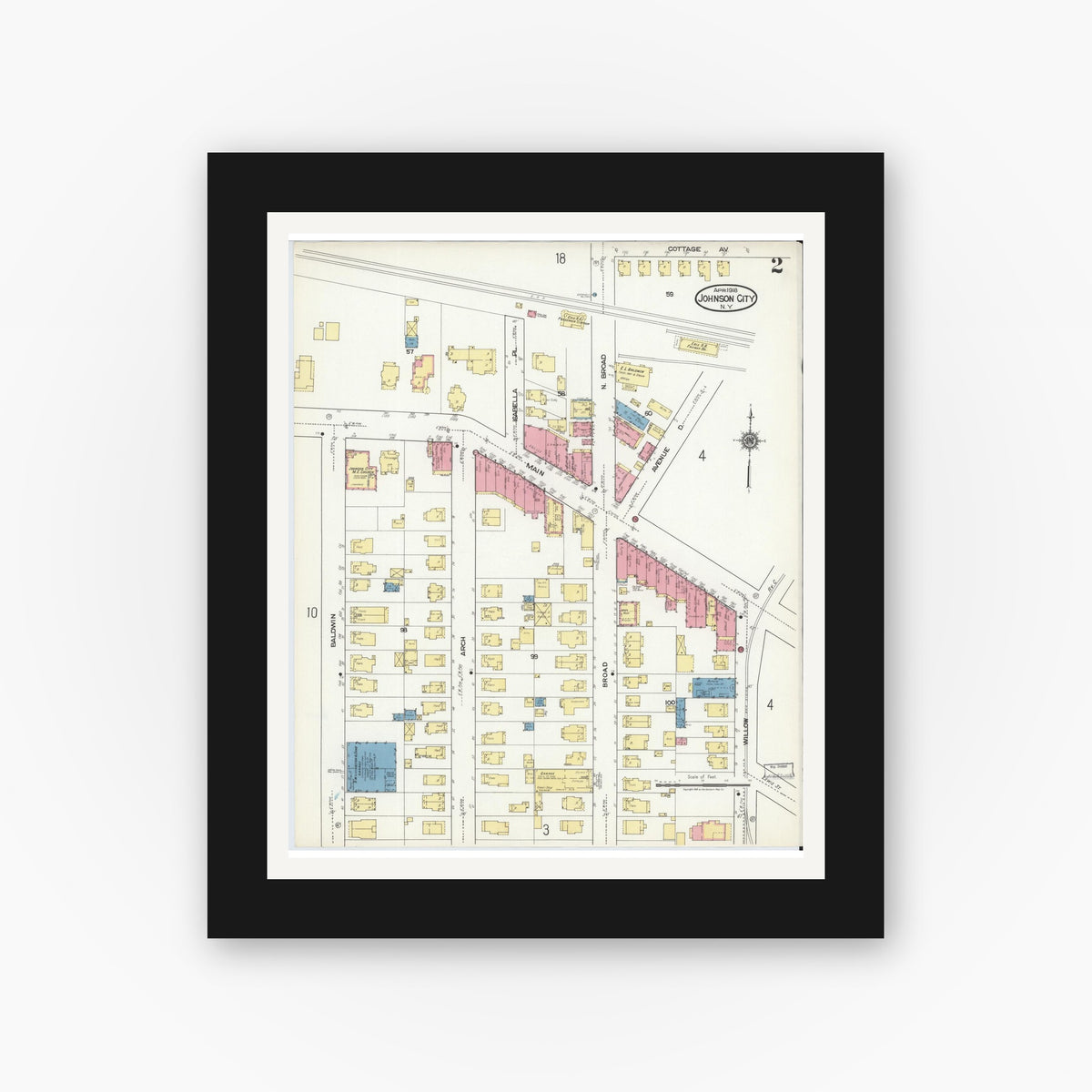 Old map wall art mockup — black gallery frame with white mat — Sanborn Fire Insurance Map from Johnson City, Broome County, New York (1918), Sheet #0002