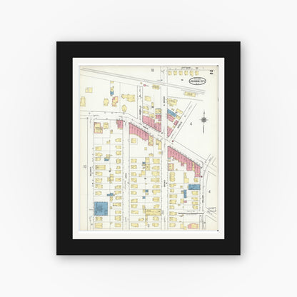 Old map wall art mockup — black gallery frame with white mat — Sanborn Fire Insurance Map from Johnson City, Broome County, New York (1918), Sheet #0002