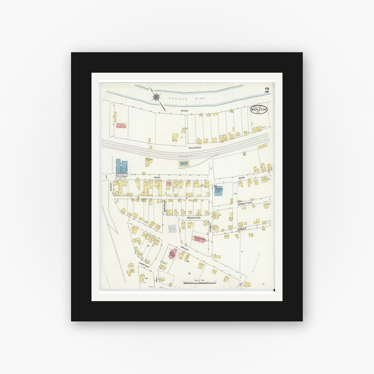 Old map wall art mockup — black gallery frame with white mat — Sanborn Fire Insurance Map from Mapleton, Huntingdon County, Pennsylvania (1911), Sheet #0002