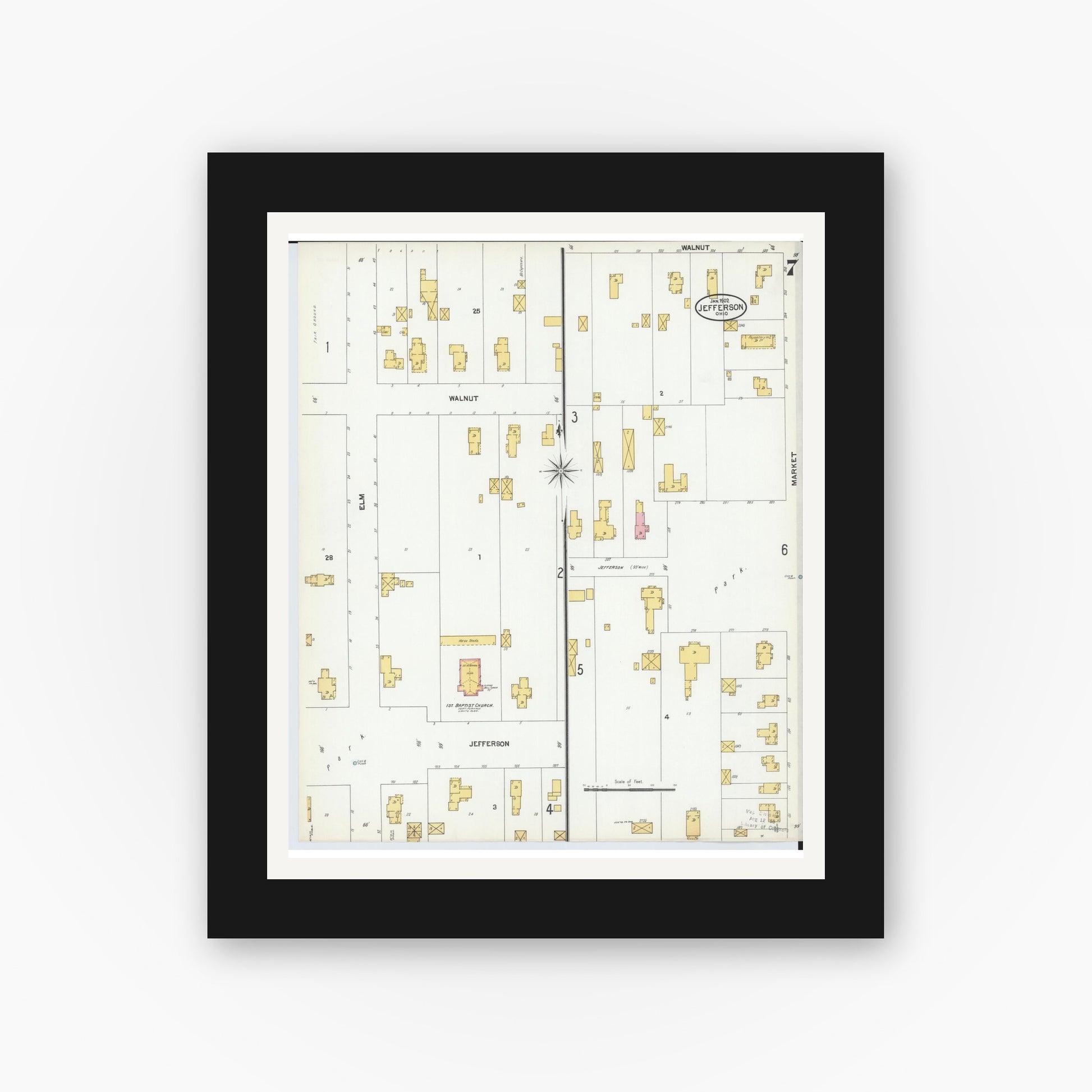 Old map wall art mockup — black gallery frame with white mat — Sanborn Fire Insurance Map from Jefferson, Ashtabula County, Ohio (1902), Sheet #0007