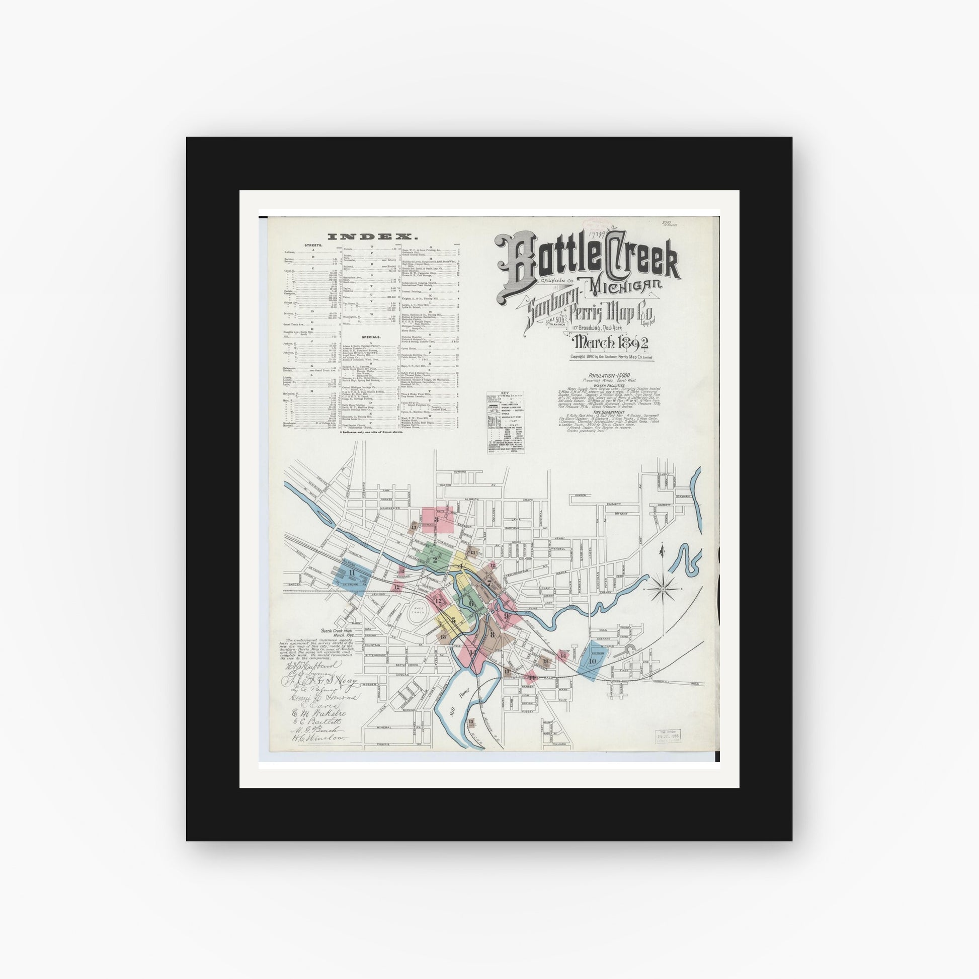 Old map wall art mockup — black gallery frame with white mat — Sanborn Fire Insurance Map from Battle Creek, Calhoun County, Michigan (1892) - Complete Map Set