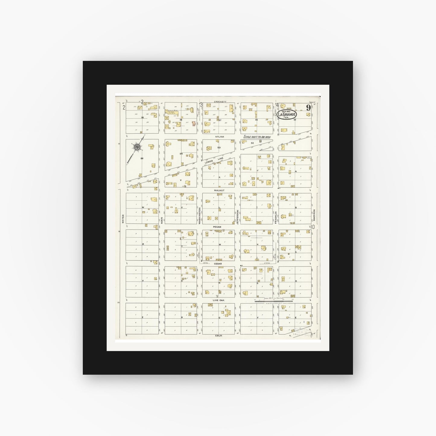 Old map wall art mockup — black gallery frame with white mat — Sanborn Fire Insurance Map from La Grange, Fayette County, Texas (1921), Sheet #0009