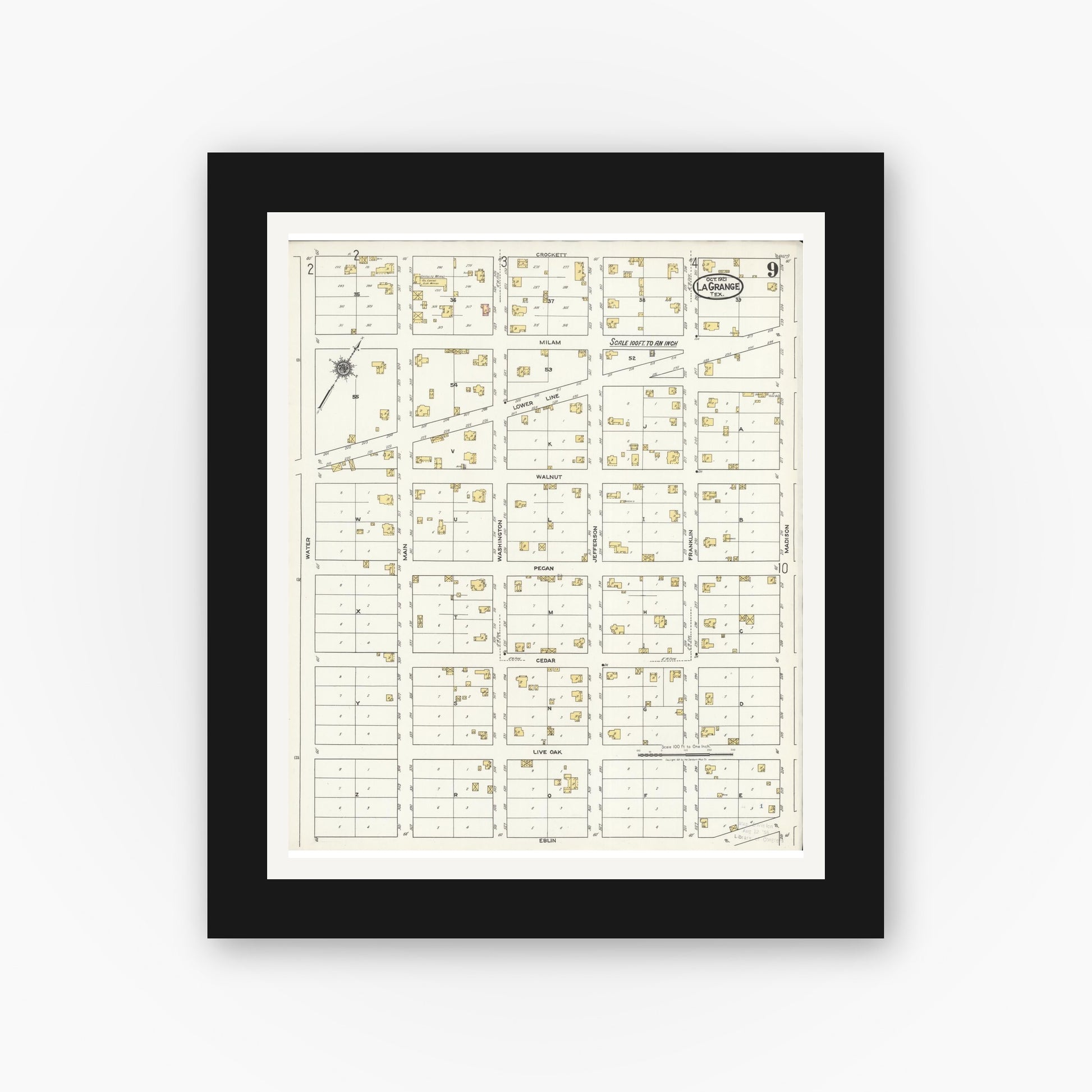 Old map wall art mockup — black gallery frame with white mat — Sanborn Fire Insurance Map from La Grange, Fayette County, Texas (1921), Sheet #0009