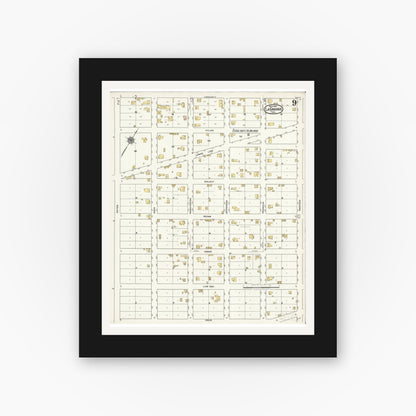 Old map wall art mockup — black gallery frame with white mat — Sanborn Fire Insurance Map from La Grange, Fayette County, Texas (1921), Sheet #0009
