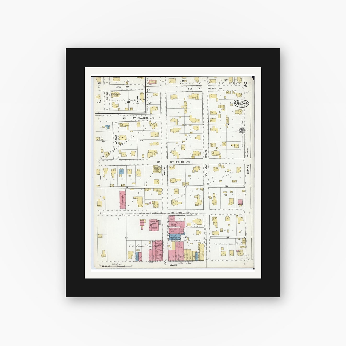 Old map wall art mockup — black gallery frame with white mat — Sanborn Fire Insurance Map from Oblong, Crawford County, Illinois (1920), Sheet #0002