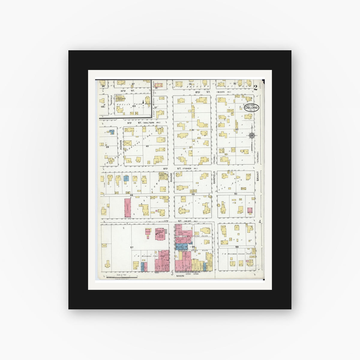 Old map wall art mockup — black gallery frame with white mat — Sanborn Fire Insurance Map from Oblong, Crawford County, Illinois (1920), Sheet #0002