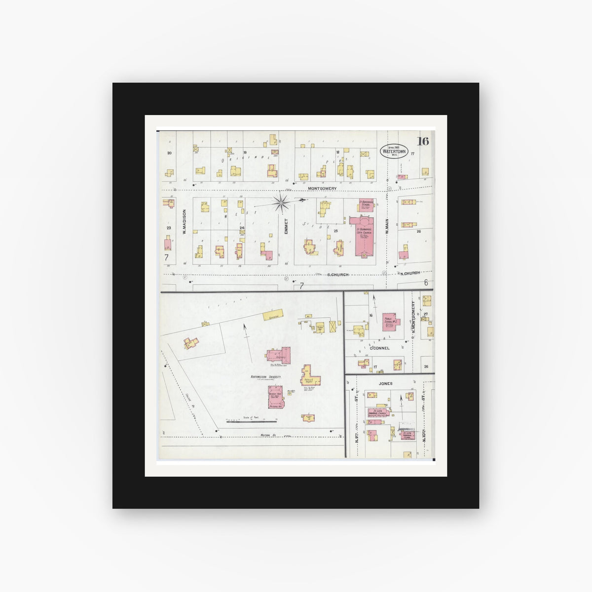 Old map wall art mockup — black gallery frame with white mat — Sanborn Fire Insurance Map from Watertown, Jefferson County, Wisconsin (1901), Sheet #0016