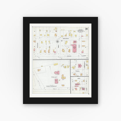 Old map wall art mockup — black gallery frame with white mat — Sanborn Fire Insurance Map from Watertown, Jefferson County, Wisconsin (1901), Sheet #0016