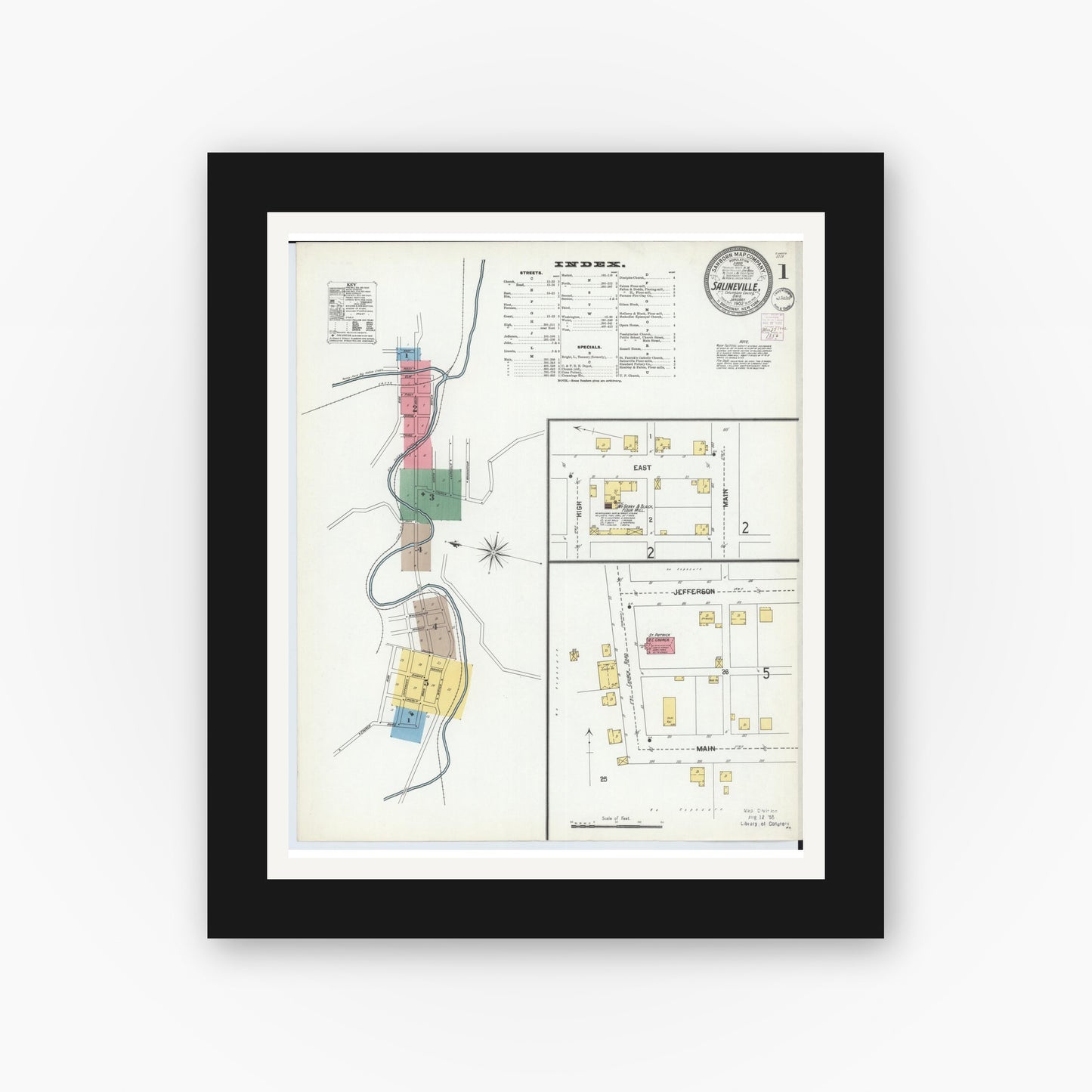 Old map wall art mockup — black gallery frame with white mat — Sanborn Fire Insurance Map from Salineville, Columbiana County, Ohio (1902), Sheet #0001