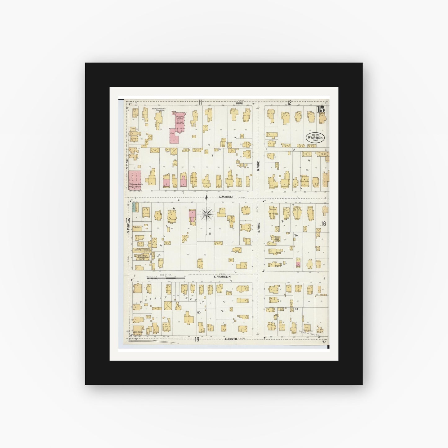 Old map wall art mockup — black gallery frame with white mat — Sanborn Fire Insurance Map from Warren, Trumbull County, Ohio (1902), Sheet #0015