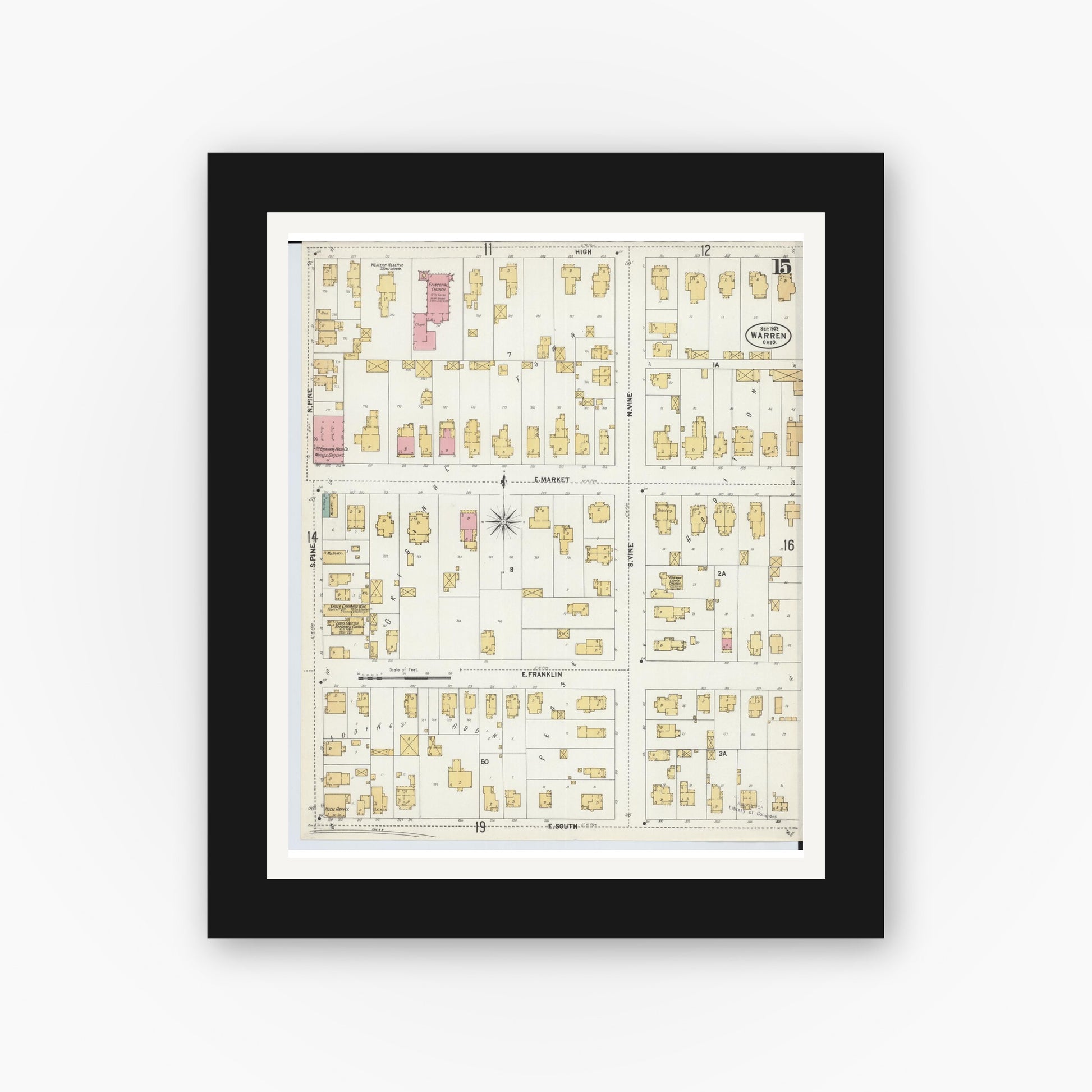 Old map wall art mockup — black gallery frame with white mat — Sanborn Fire Insurance Map from Warren, Trumbull County, Ohio (1902), Sheet #0015