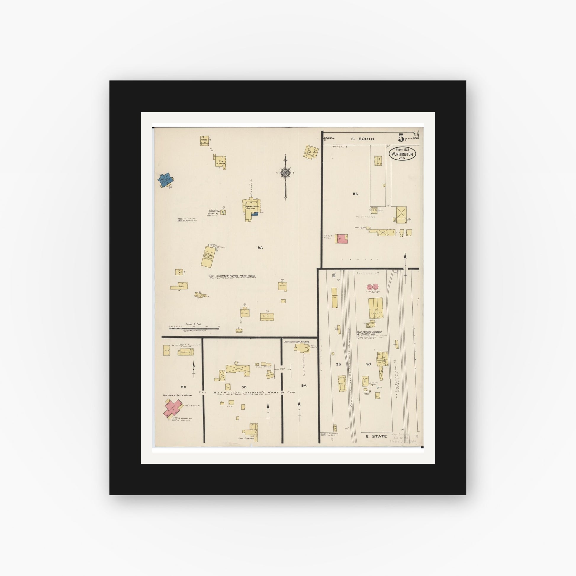 Old map wall art mockup — black gallery frame with white mat — Sanborn Fire Insurance Map from Worthington, Franklin County, Ohio (1922), Sheet #0005