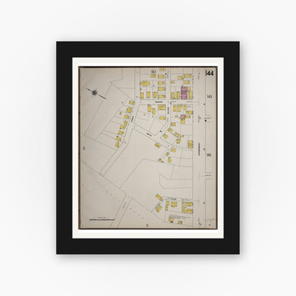Old map wall art mockup — black gallery frame with white mat — Sanborn Fire Insurance Map from Worcester, Worcester County, Massachusetts (1910), Sheet #0144