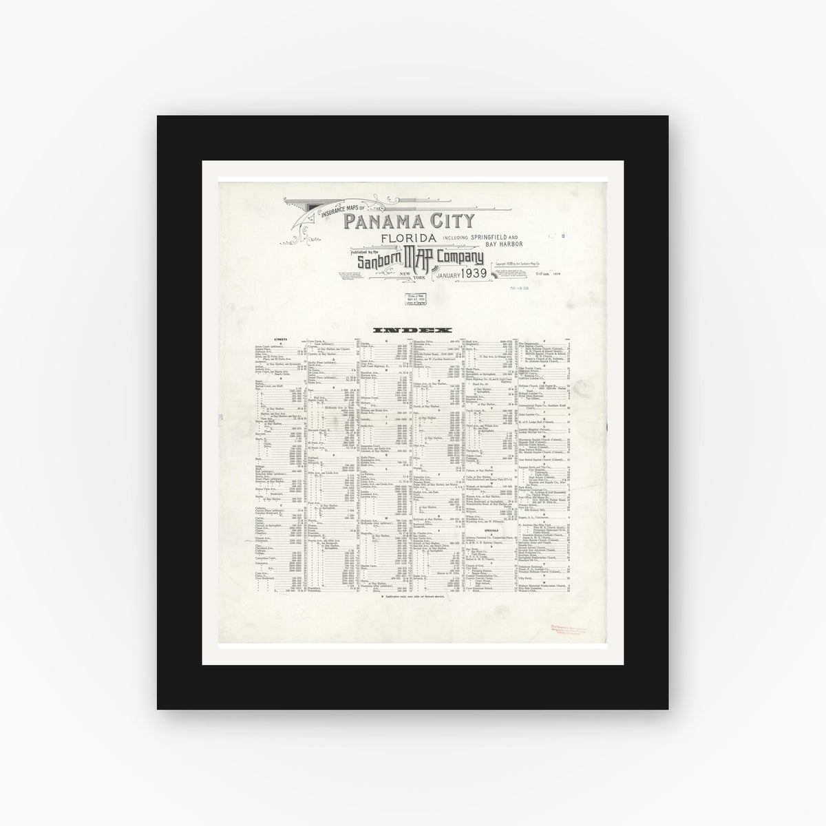 Old map wall art mockup — black gallery frame with white mat — Sanborn Fire Insurance Map from Panama City, Bay County, Florida (1939), Sheet #0001