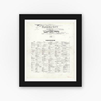 Old map wall art mockup — black gallery frame with white mat — Sanborn Fire Insurance Map from Panama City, Bay County, Florida (1939), Sheet #0001