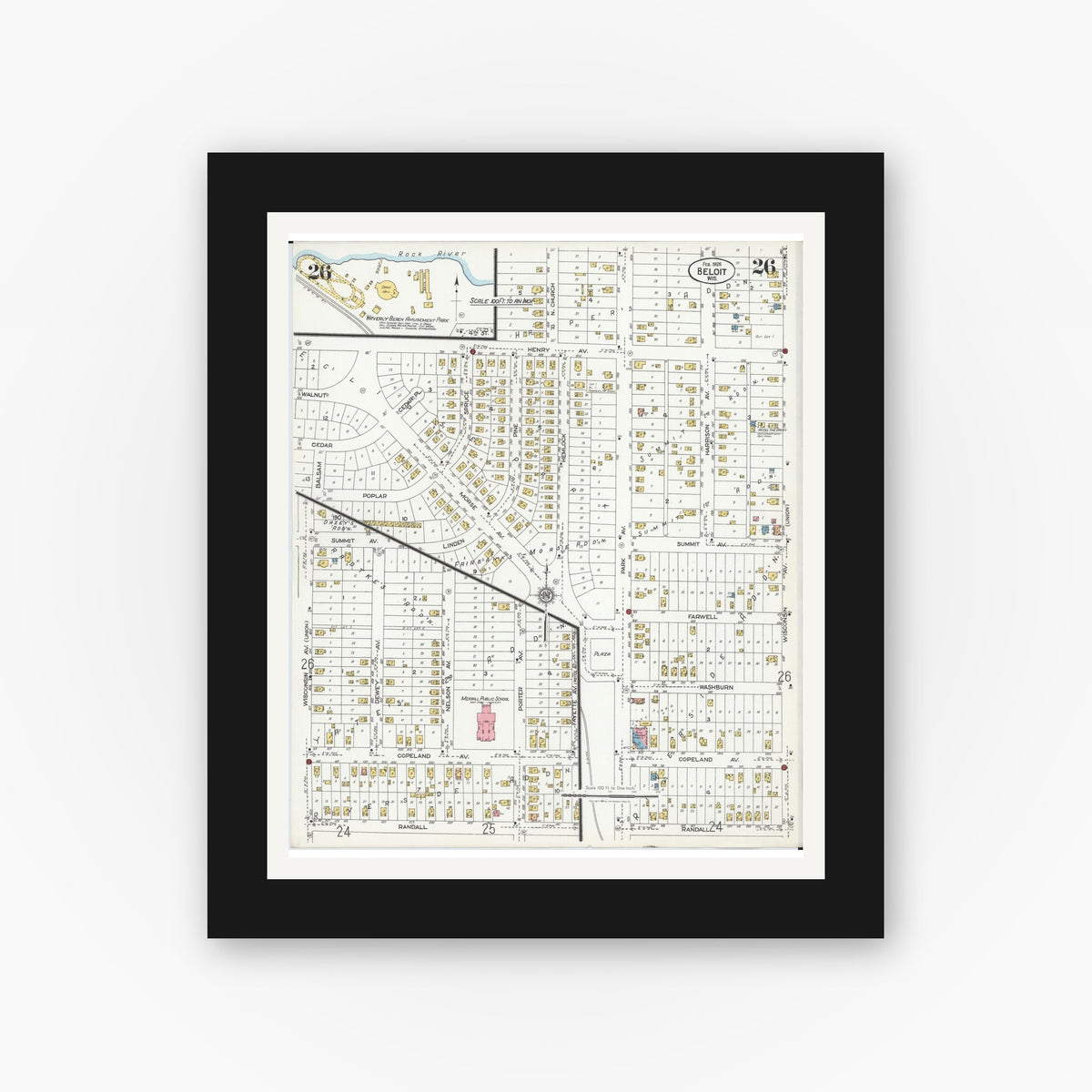 Old map wall art mockup — black gallery frame with white mat — Sanborn Fire Insurance Map from Beloit, Rock County, Wisconsin (1926), Sheet #0026