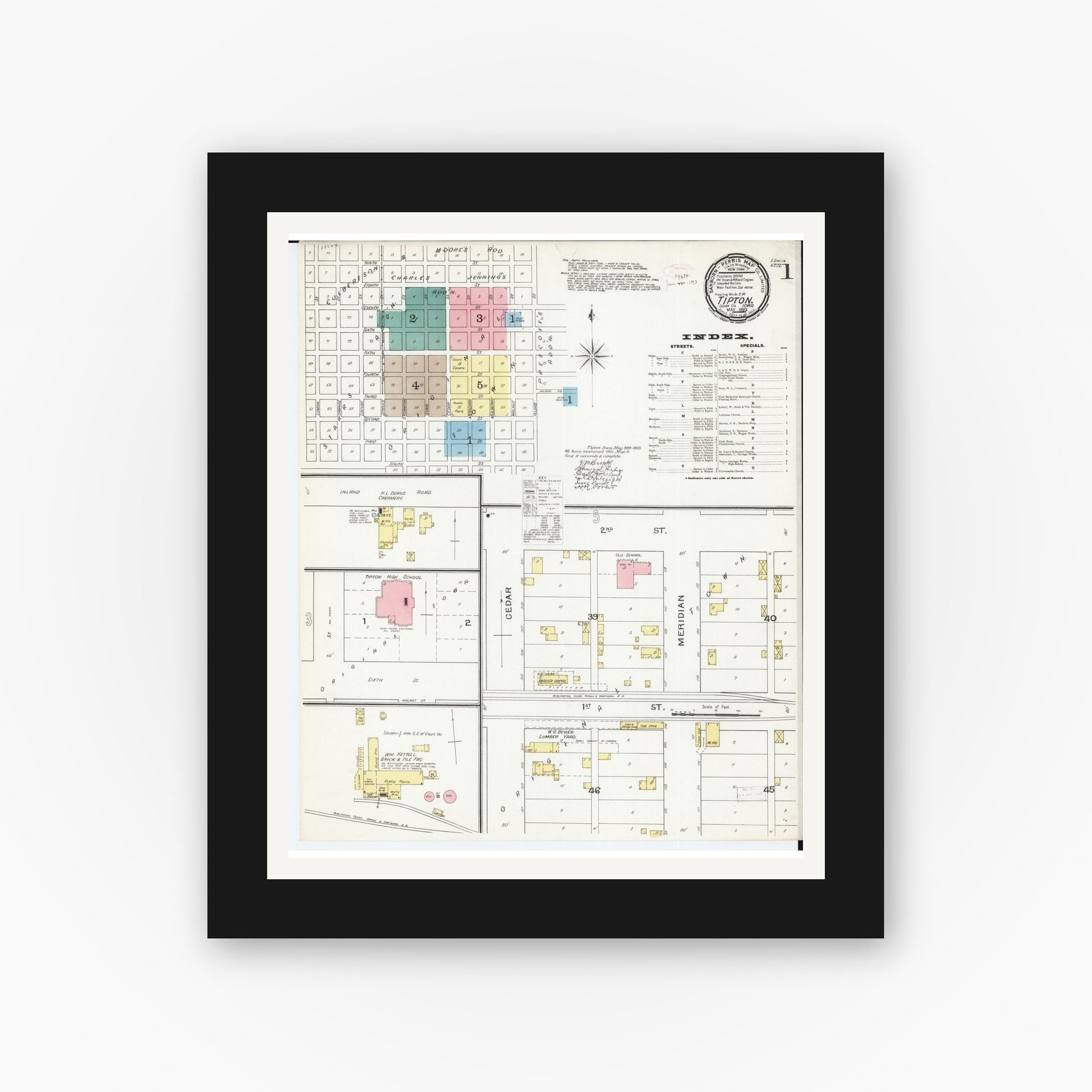 Old map wall art mockup — black gallery frame with white mat — Sanborn Fire Insurance Map from Tipton, Cedar County, Iowa (1893) â€” Complete Set