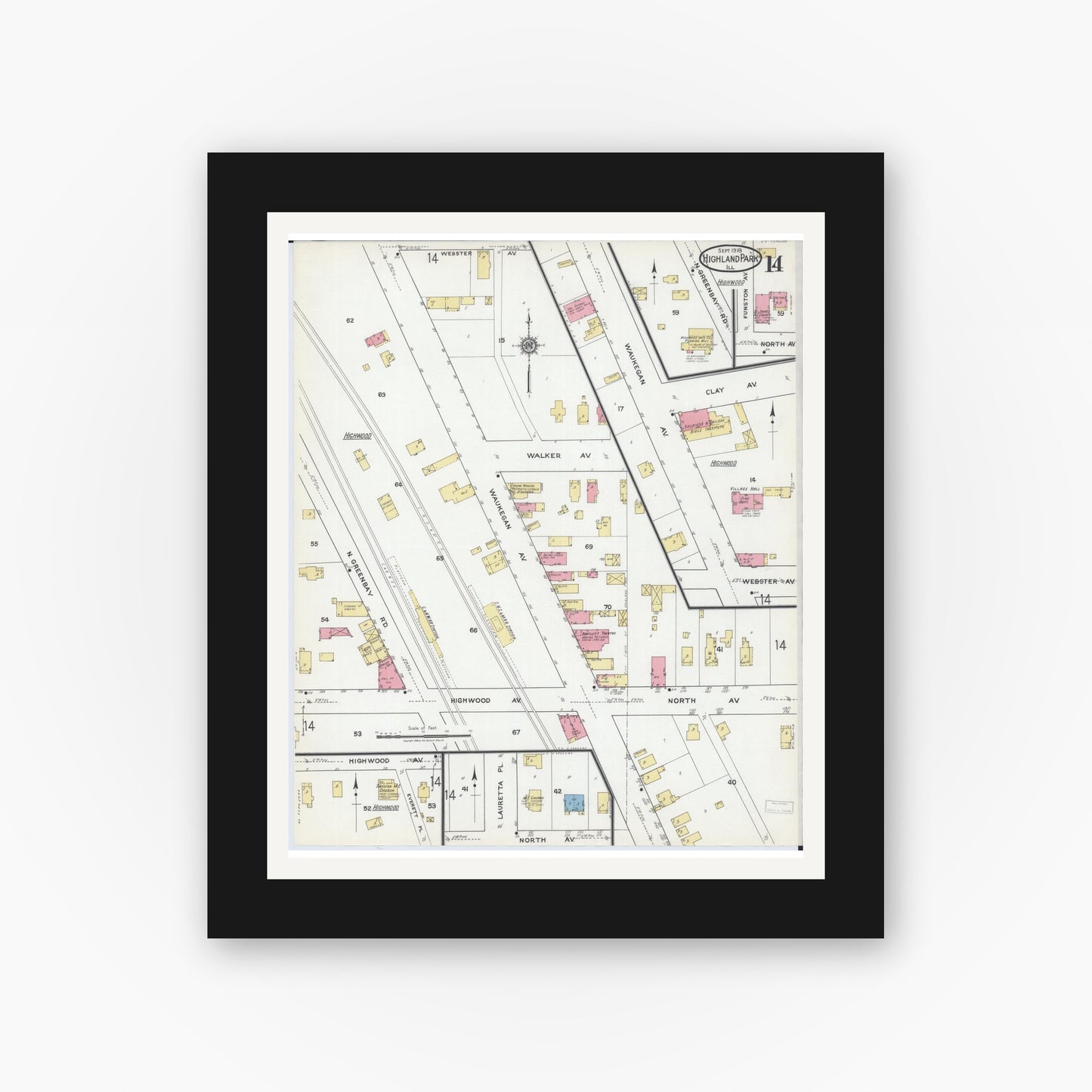 Old map wall art mockup — black gallery frame with white mat — Sanborn Fire Insurance Map from Highland Park, Lake County, Illinois (1918), Sheet #0014