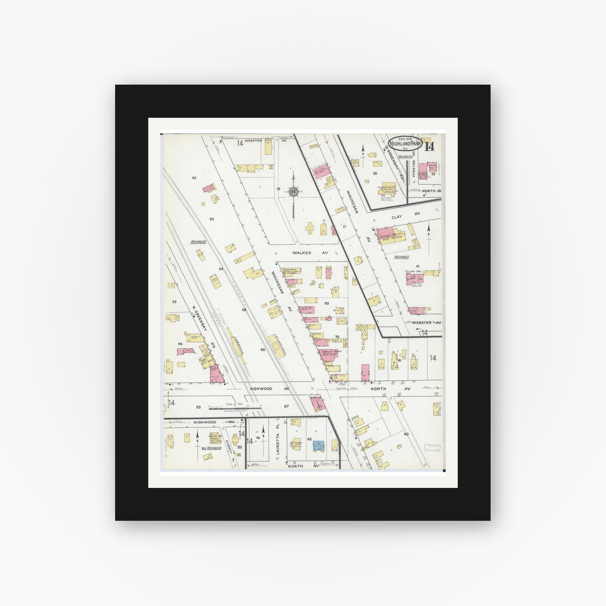 Old map wall art mockup — black gallery frame with white mat — Sanborn Fire Insurance Map from Highland Park, Lake County, Illinois (1918), Sheet #0014