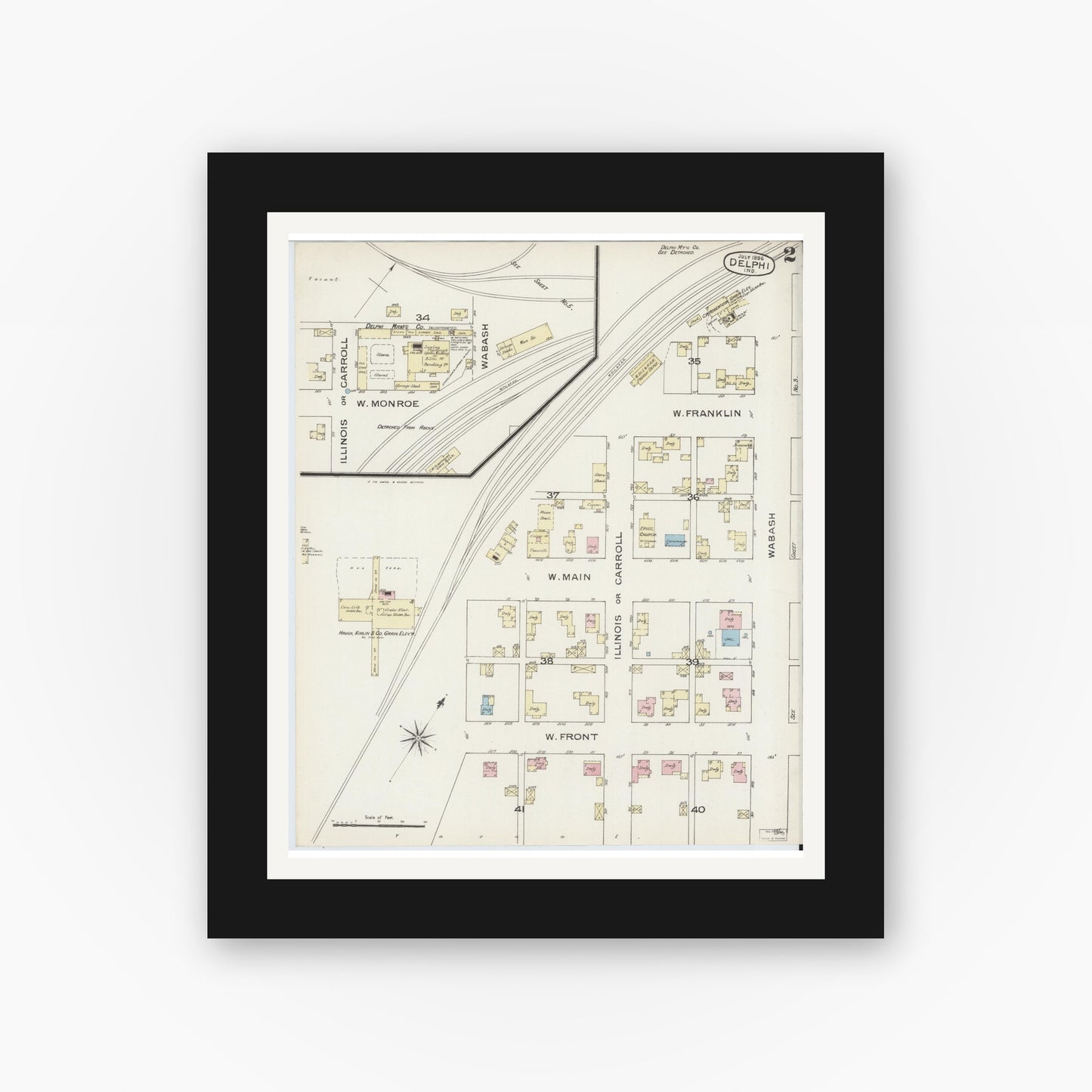 Old map wall art mockup — black gallery frame with white mat — Sanborn Fire Insurance Map from Delphi, Carroll County, Indiana (1886), Sheet #0002