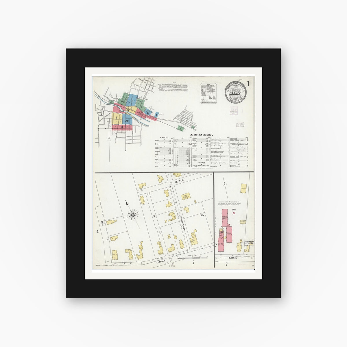 Old map wall art mockup — black gallery frame with white mat — Sanborn Fire Insurance Map from Orange, Franklin County, Massachusetts (1905), Sheet #0001