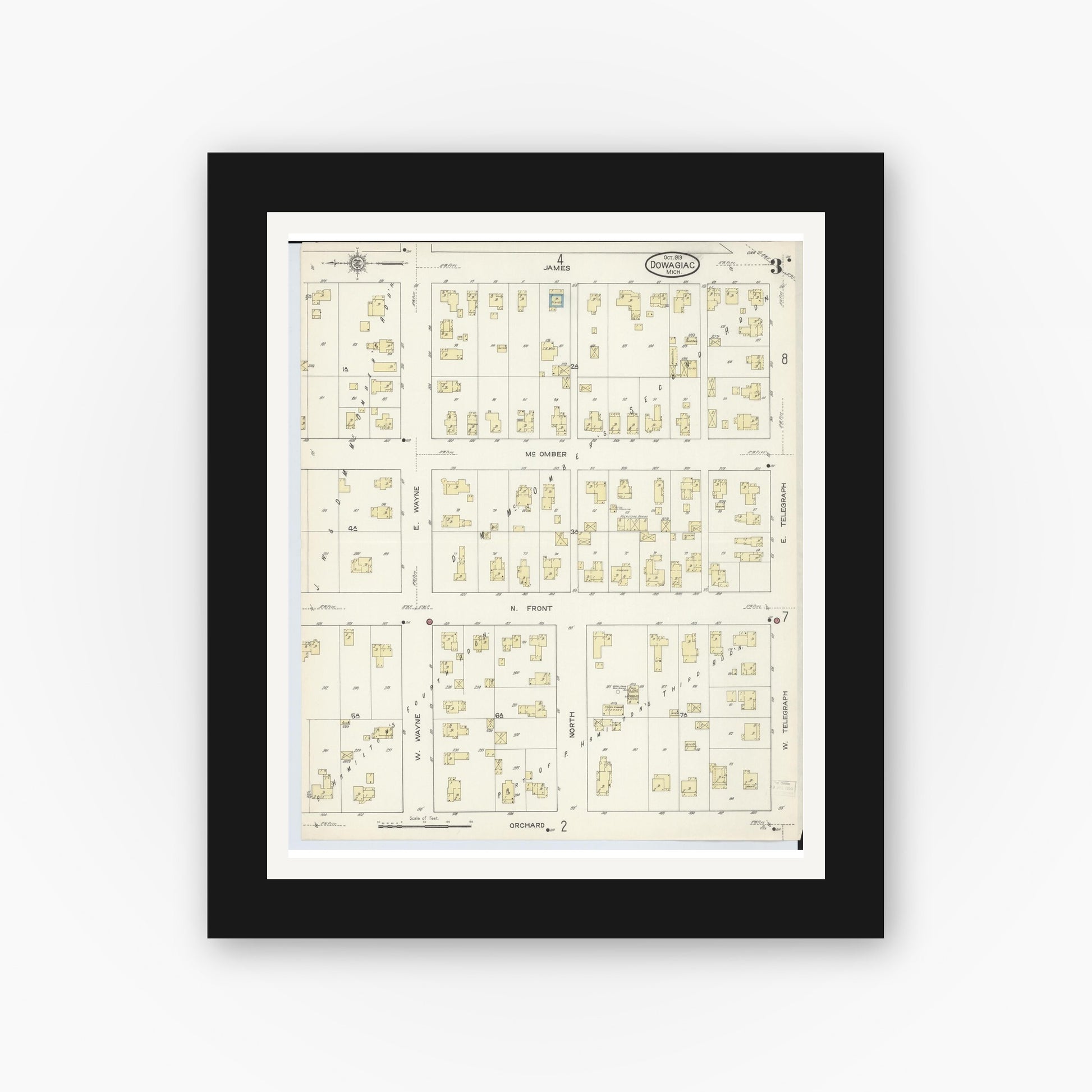Old map wall art mockup — black gallery frame with white mat — Sanborn Fire Insurance Map from Dowagiac, Cass County, Michigan (1913), Sheet #0003