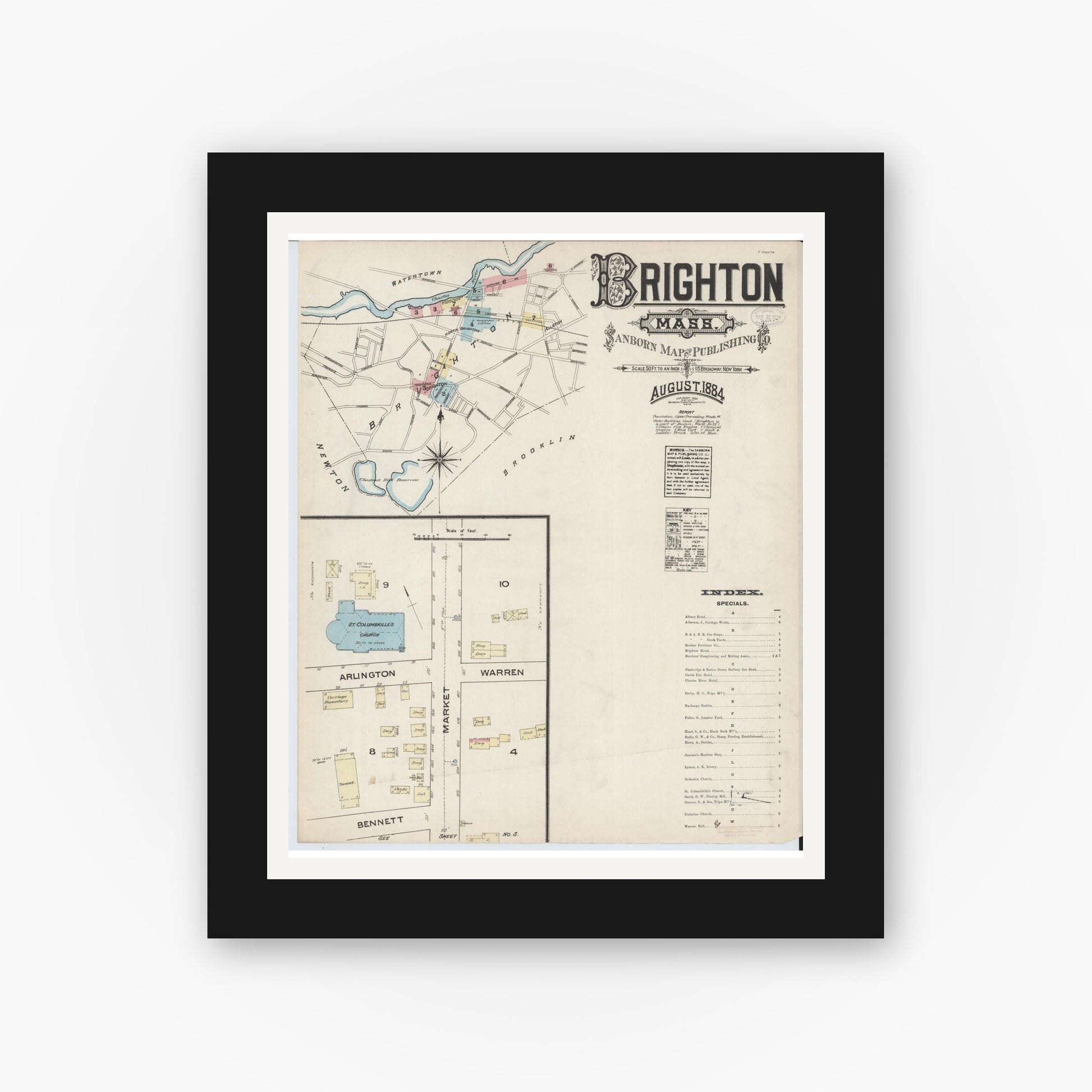 Old map wall art mockup — black gallery frame with white mat — Sanborn Fire Insurance Map from Brighton, Suffolk County, Massachusetts (1884) - Complete Map Set