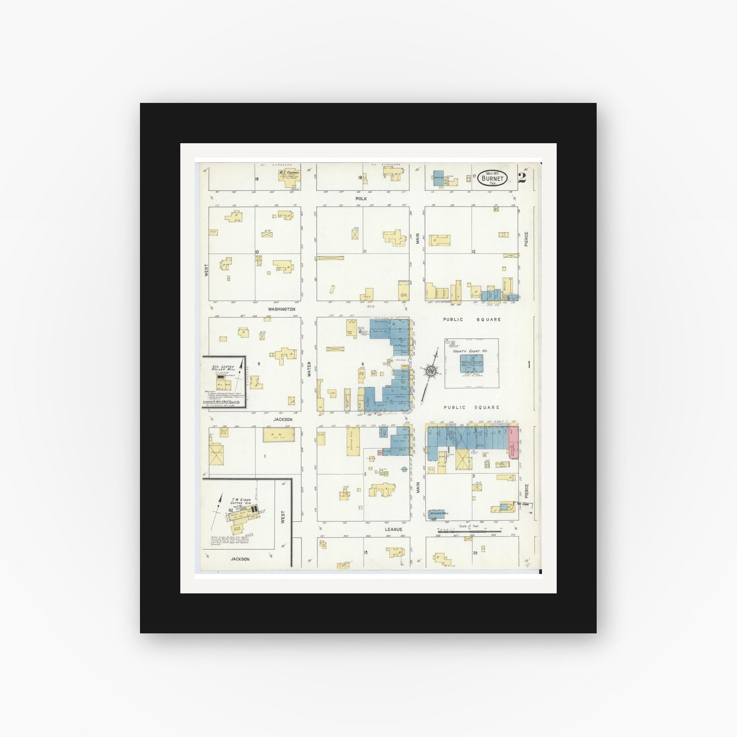 Old map wall art mockup — black gallery frame with white mat — Sanborn Fire Insurance Map from Burnet, Burnet County, Texas (1912), Sheet #0002